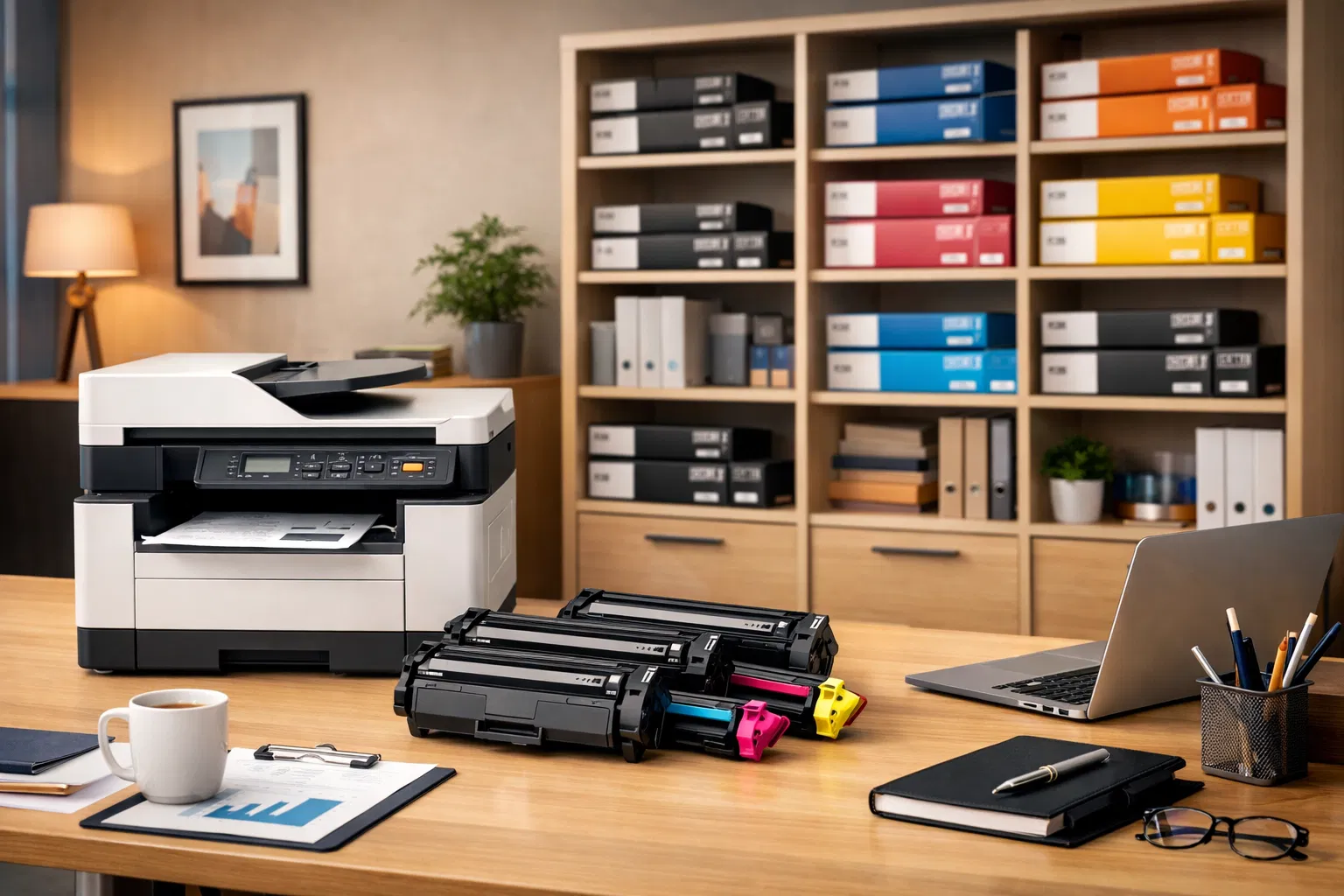 Oficina profesional con impresora y cartuchos de tóner