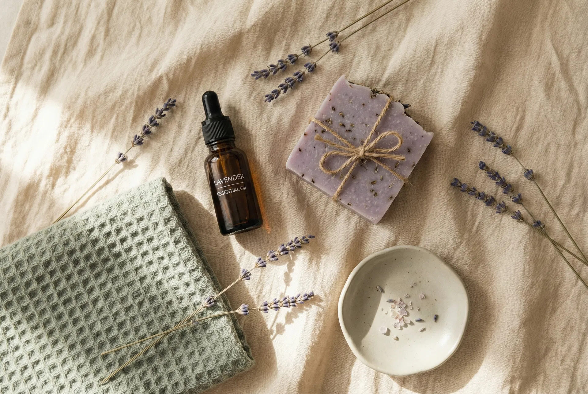 Lavender essential oil and handmade soap flat lay