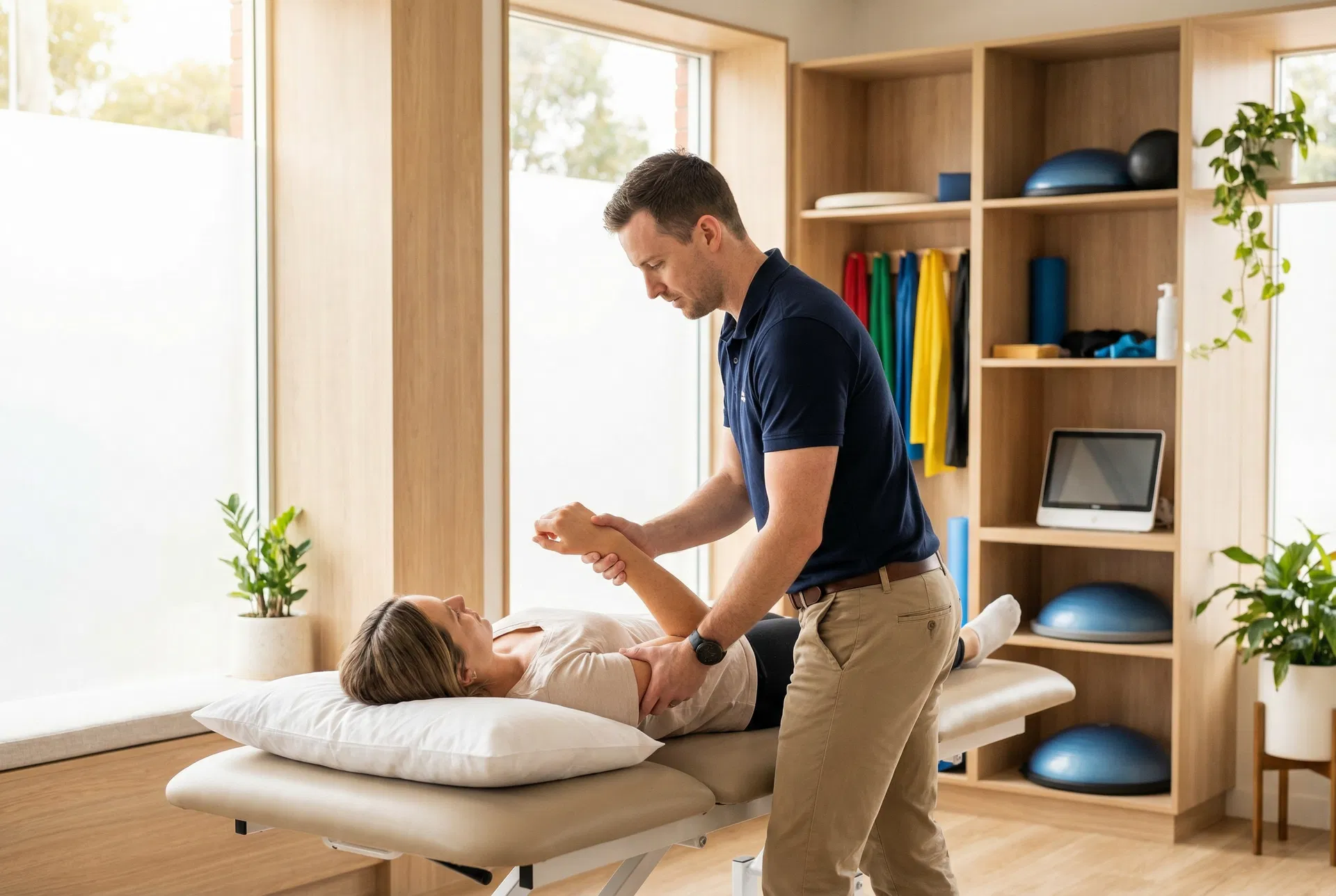 Physical therapist treating a patient in a modern clinic