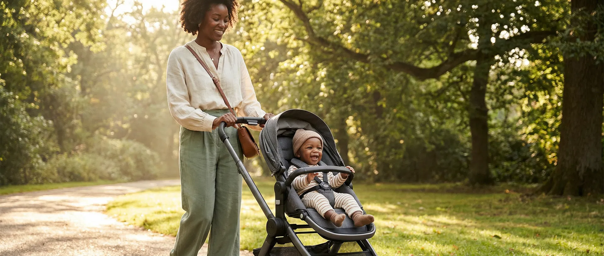 Stylish mom with stroller