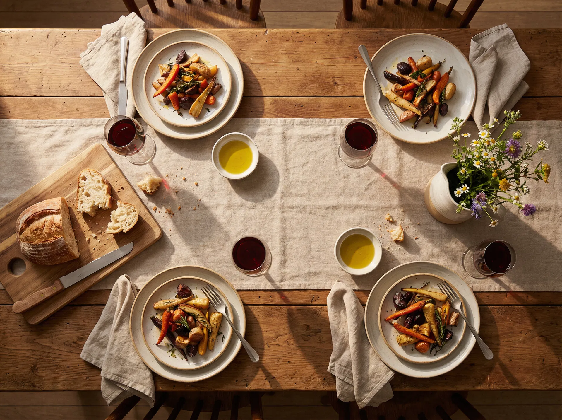 A beautifully set farmhouse table with roasted vegetables and artisan bread