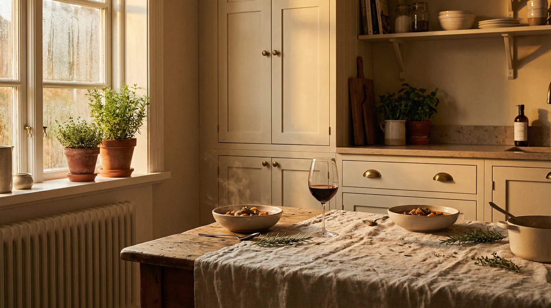 A cozy Scandinavian kitchen bathed in golden afternoon light