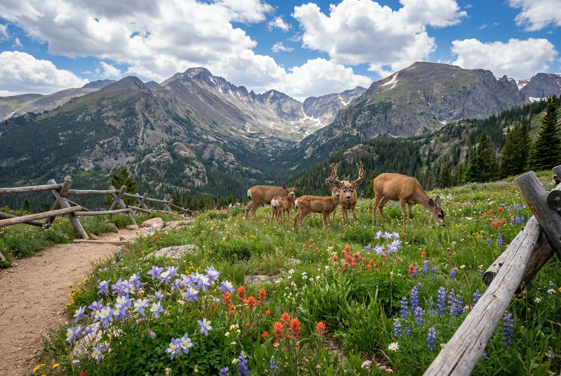 Deer family grazing in a wildflower meadow with Rocky Mountain peaks behind them