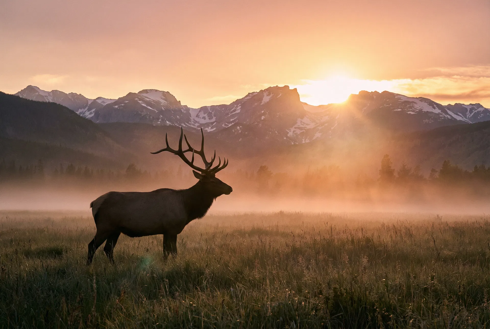 Bull elk silhouetted against a golden sunrise in Rocky Mountain National Park