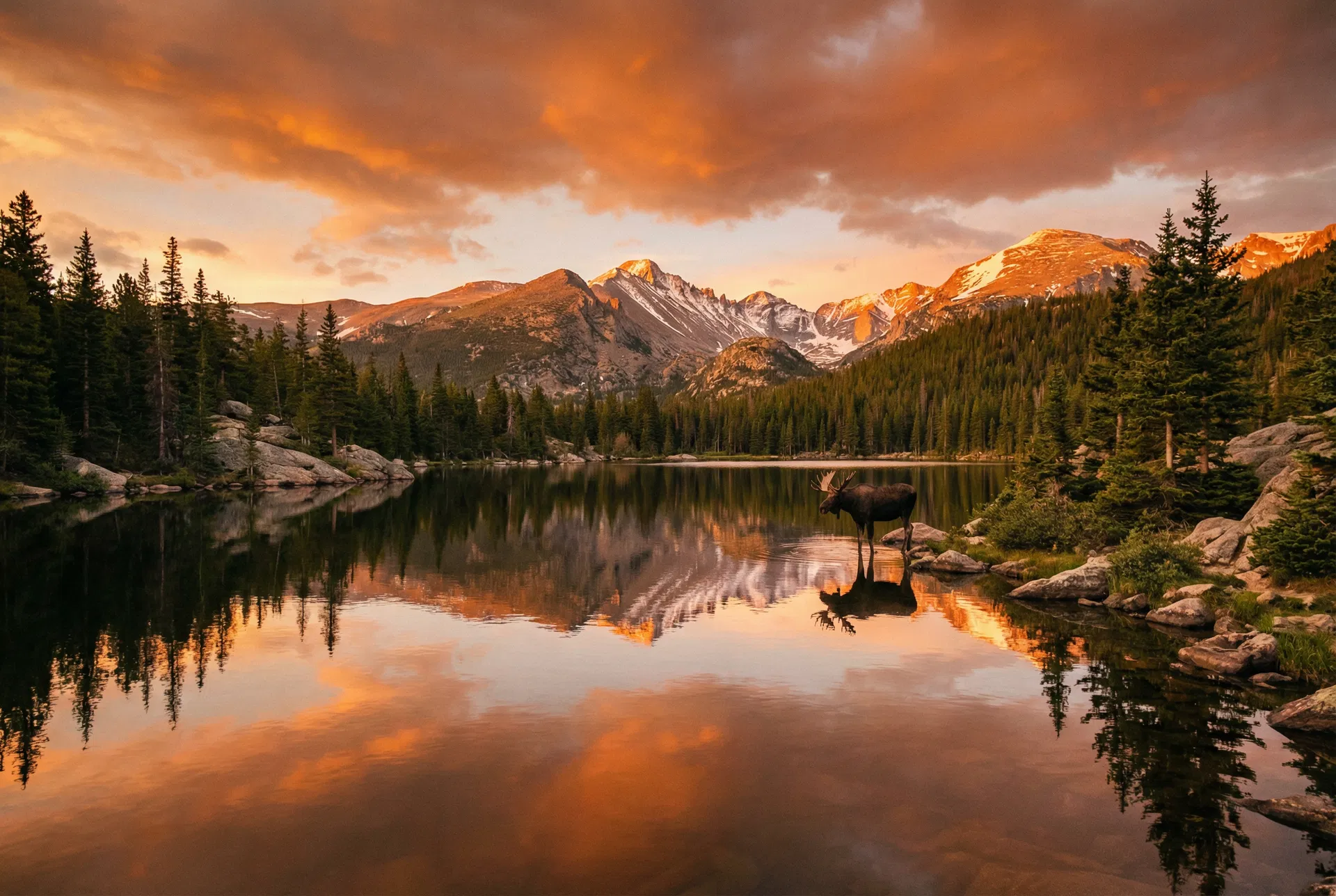 Moose standing at a mountain lake reflecting a dramatic orange sunset in Rocky Mountain National Park