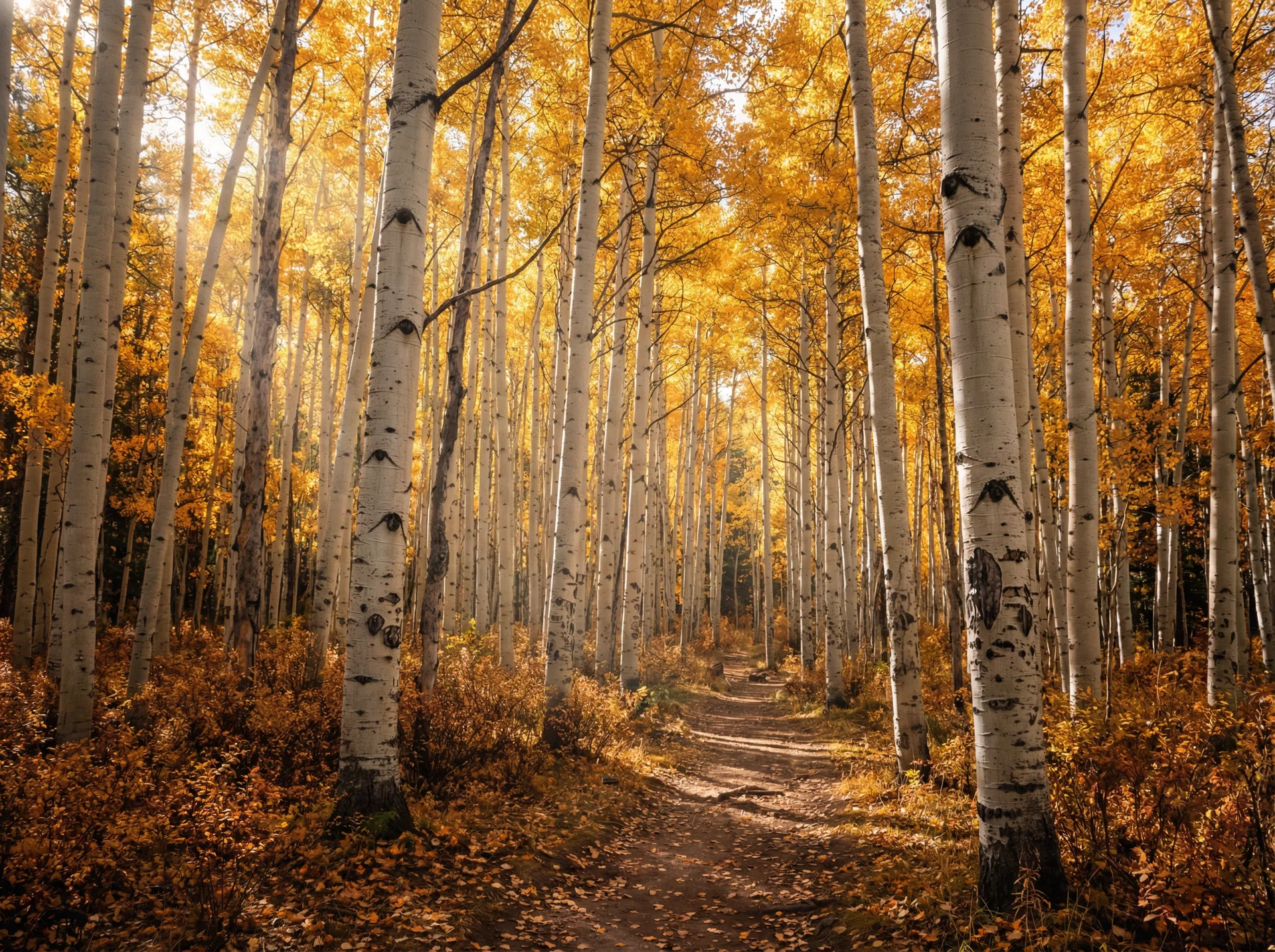 Colorado aspen grove with white trunks and golden fall leaves, Rocky Mountain National Park