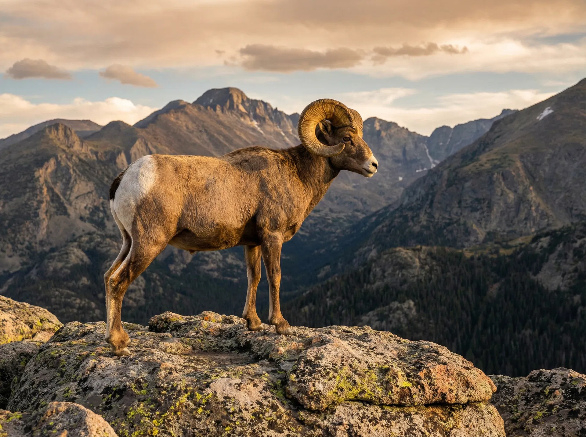 Rocky Mountain bighorn sheep with curled horns on alpine outcrop, Rocky Mountain National Park