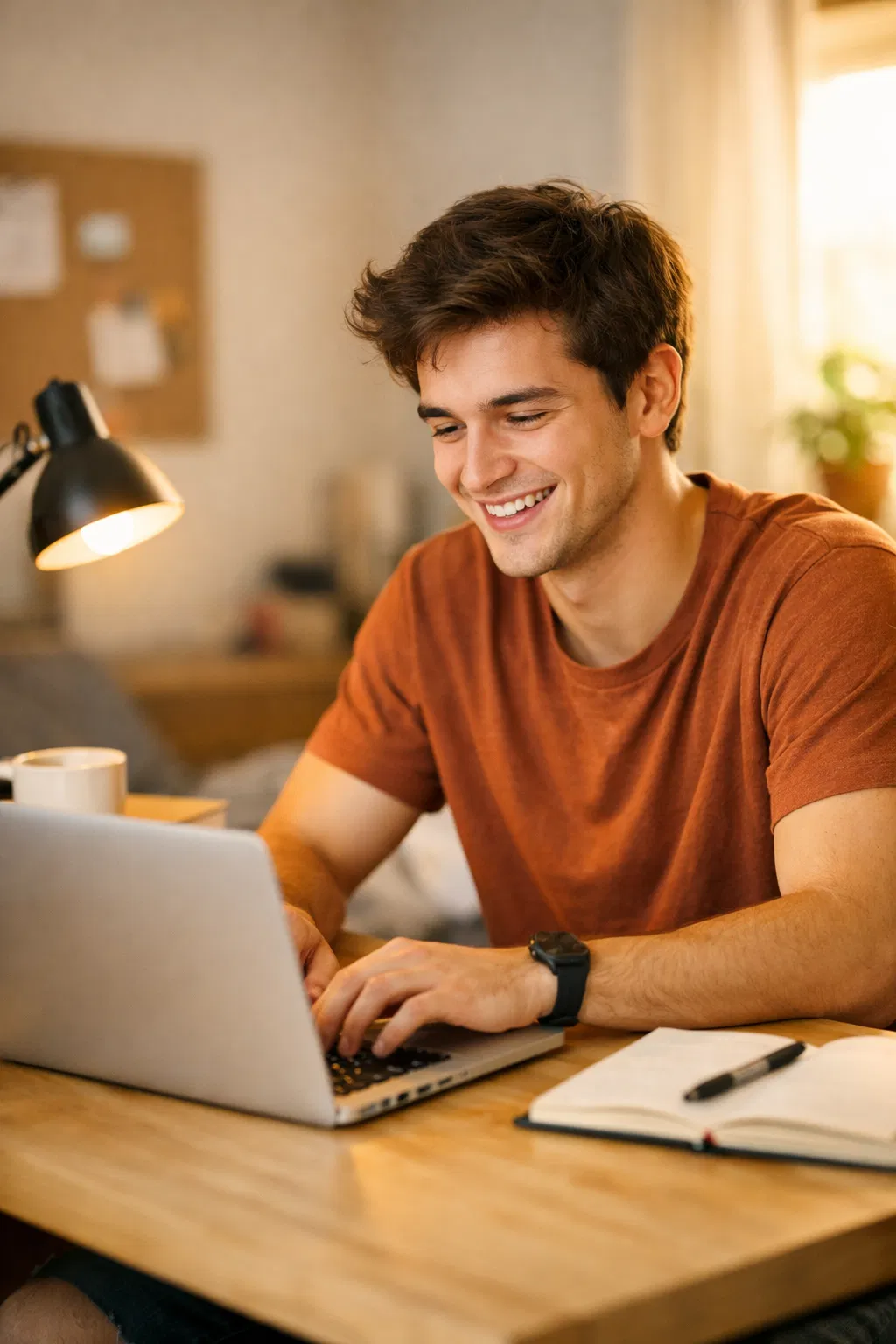 Tevreden student aan werkplek