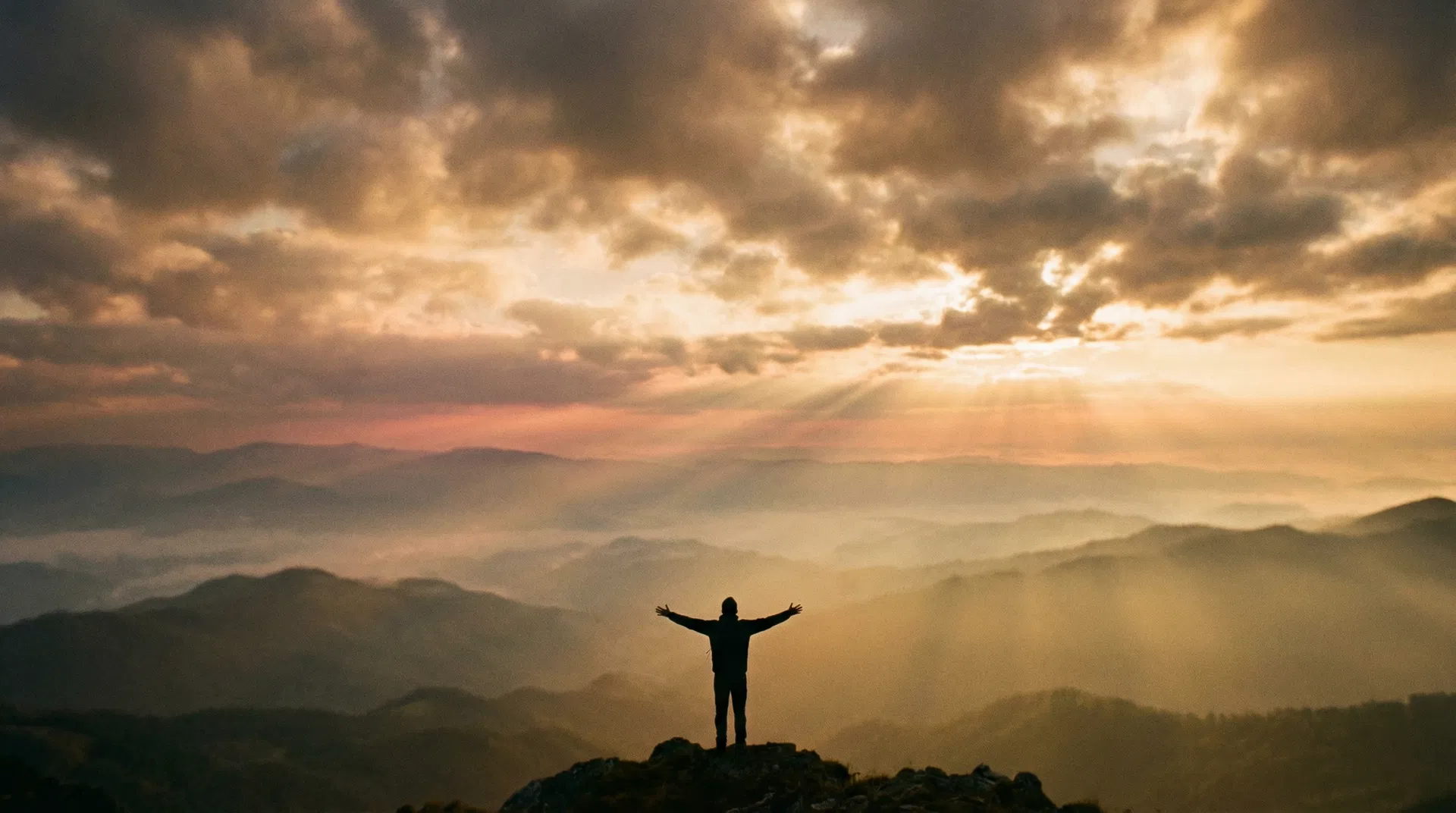 Person standing on a mountain at golden sunrise, arms raised in worship