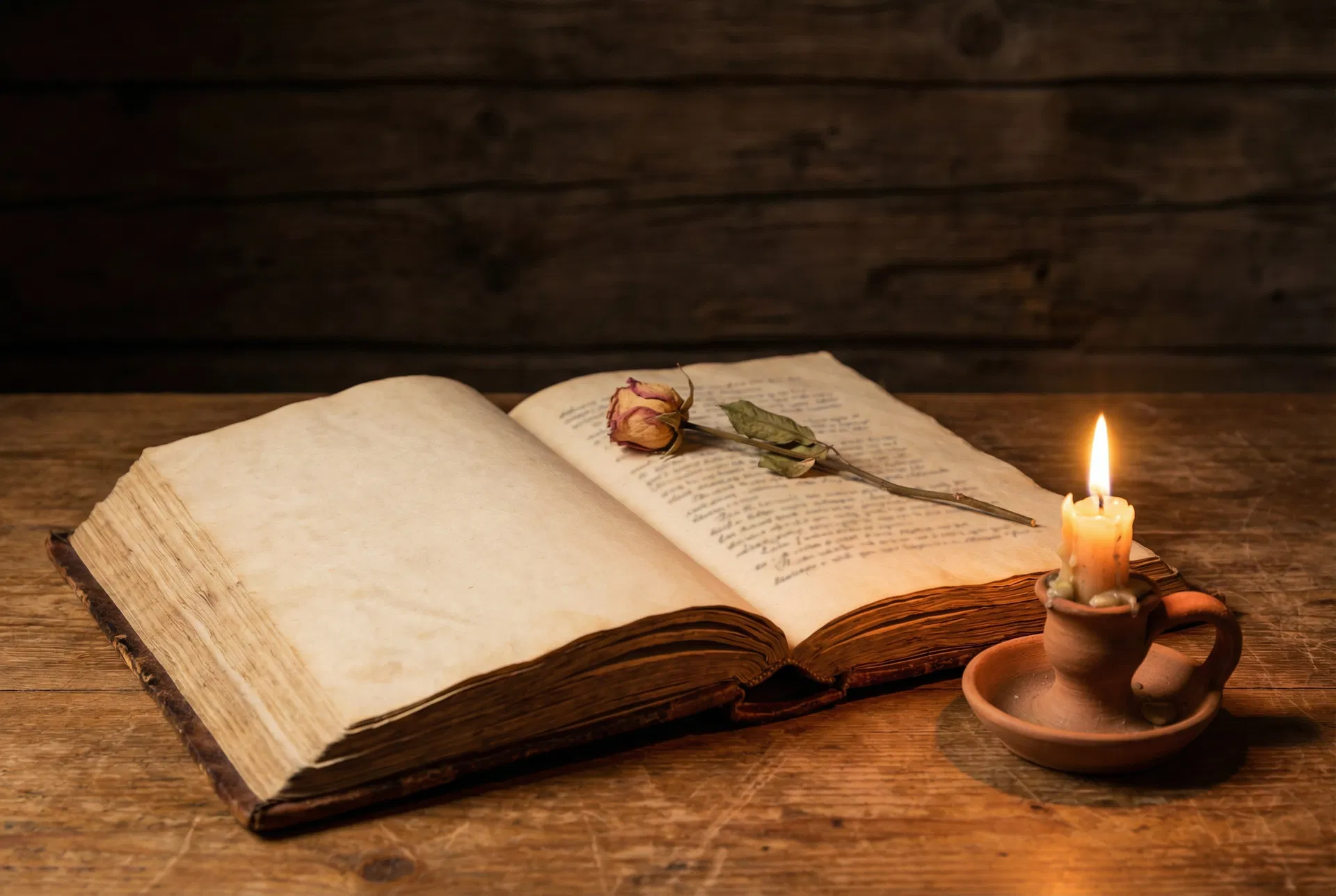 An open ancient Bible with a candle, representing the living Word of God