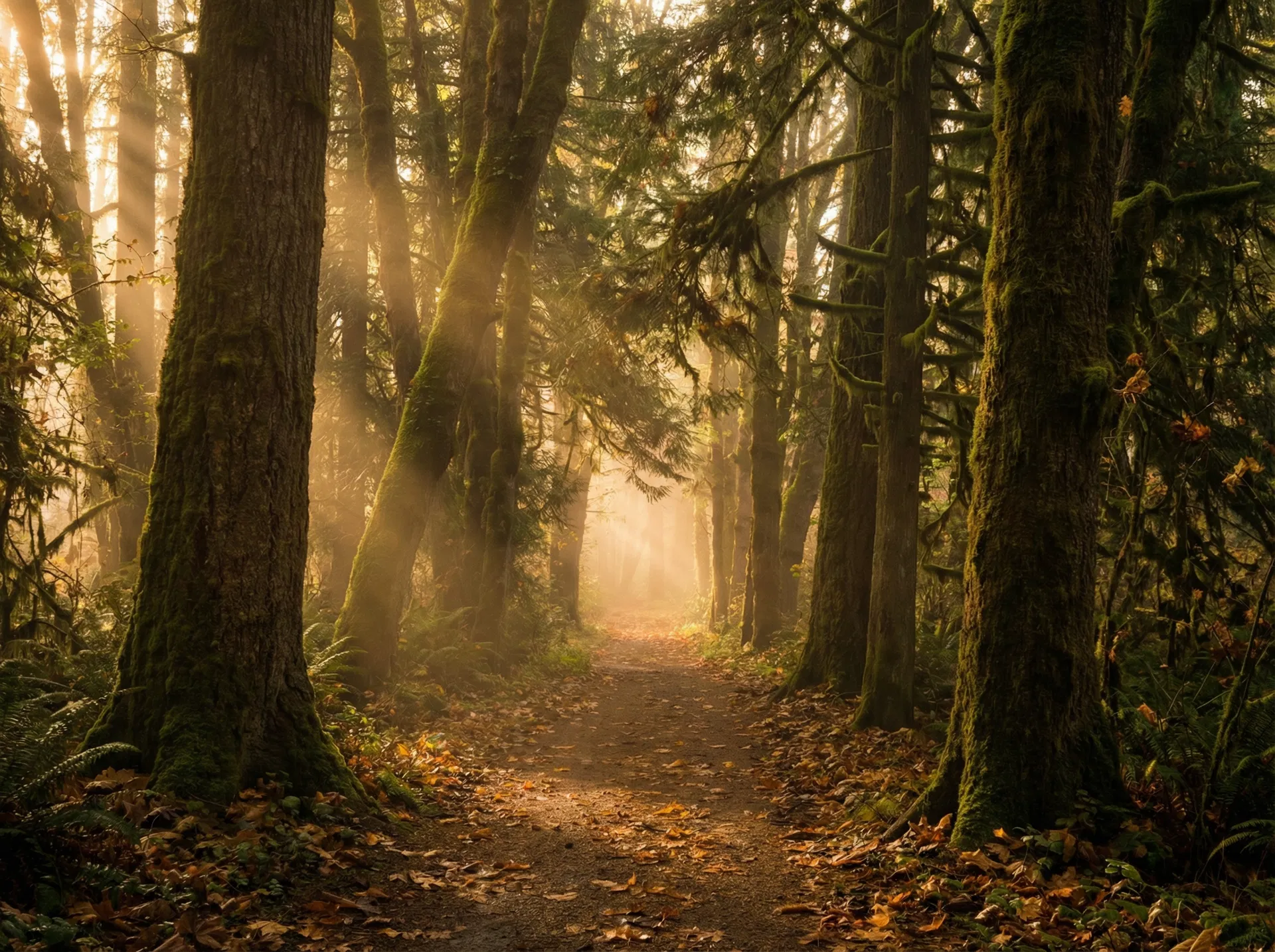 A winding forest path bathed in golden morning light, representing the journey of faith