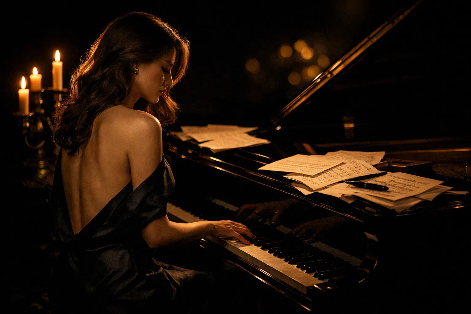 Pianist in candlelit studio