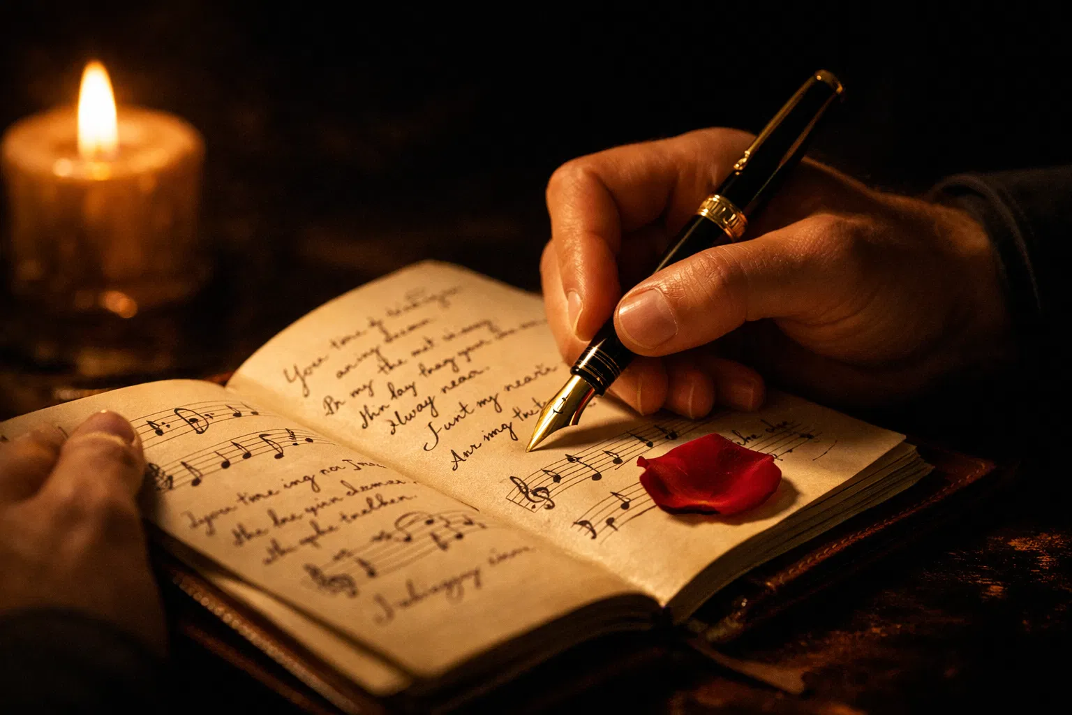 Handwritten lyrics in candlelight