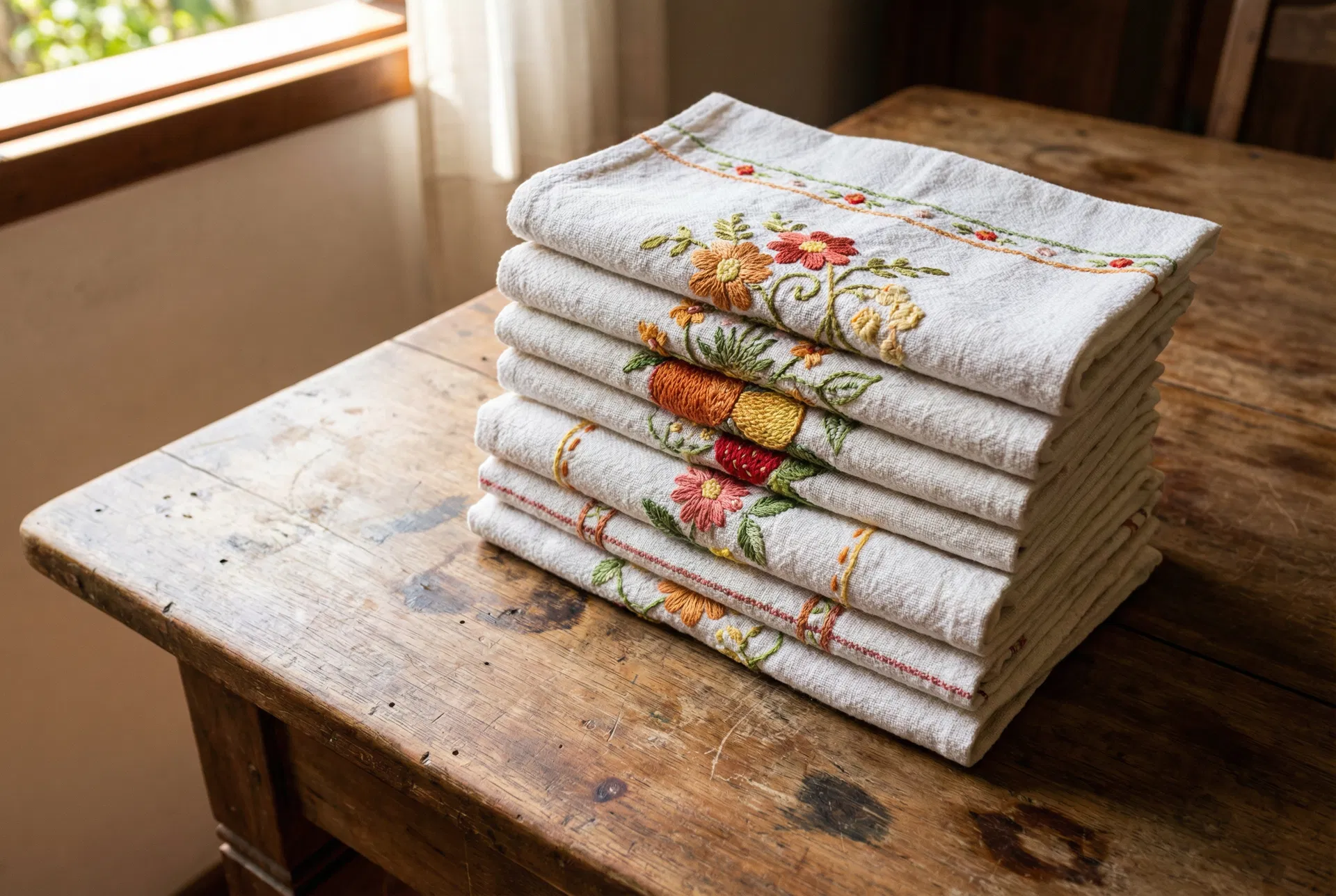 Pilha de panos de prato bordados