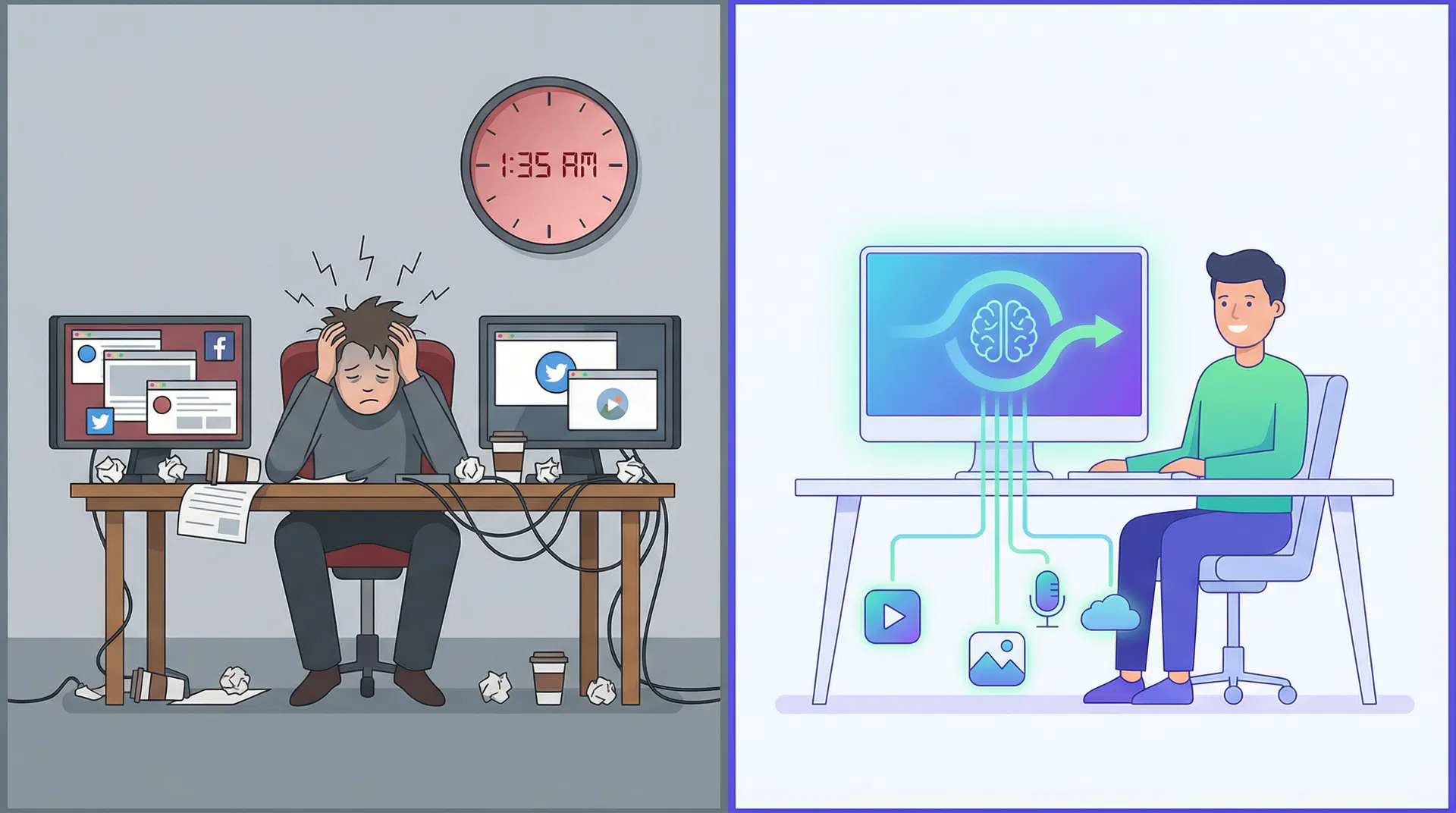 Before and after comparison — stressed creator vs. efficient AI-assisted workflow