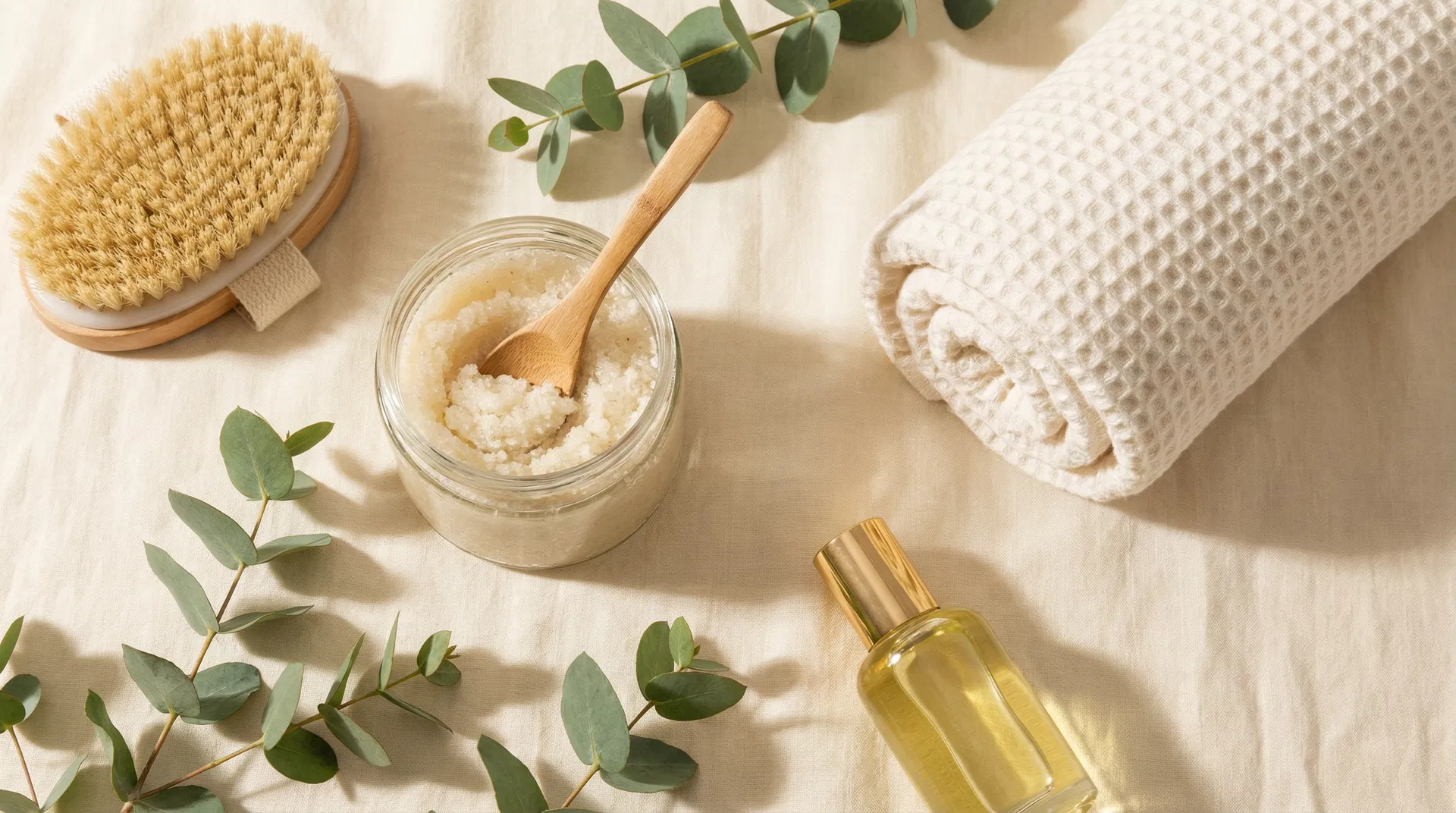 Luxury spa preparation items for spray tan including body brush and exfoliating scrub