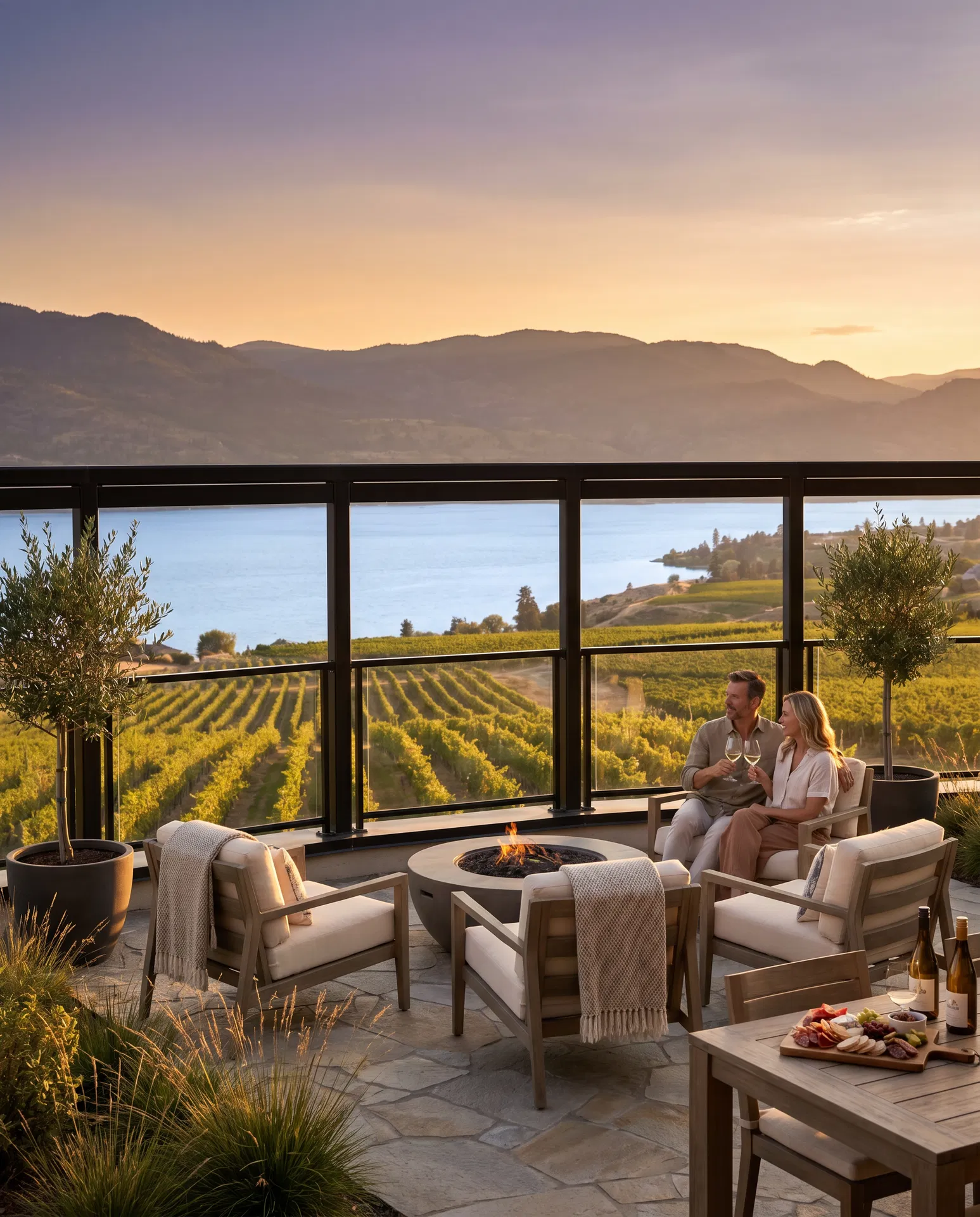 Okanagan lifestyle terrace with lake and vineyard views