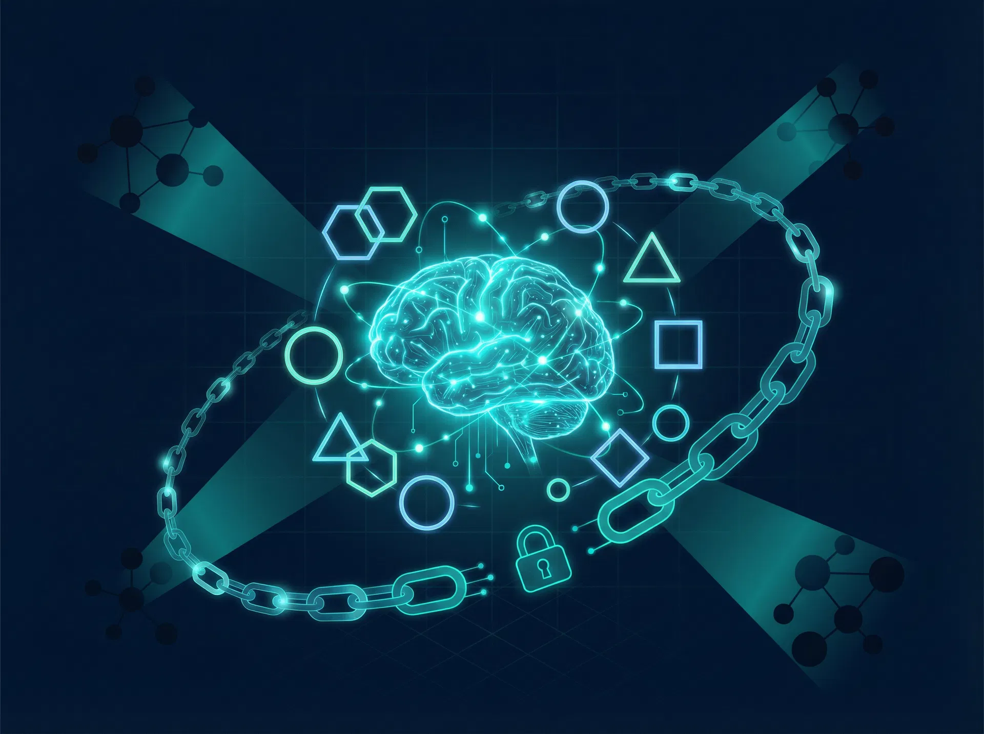 SynoGuard AI Ethics & Governance Layer — Neural network with compliance framework icons and immutable audit chain