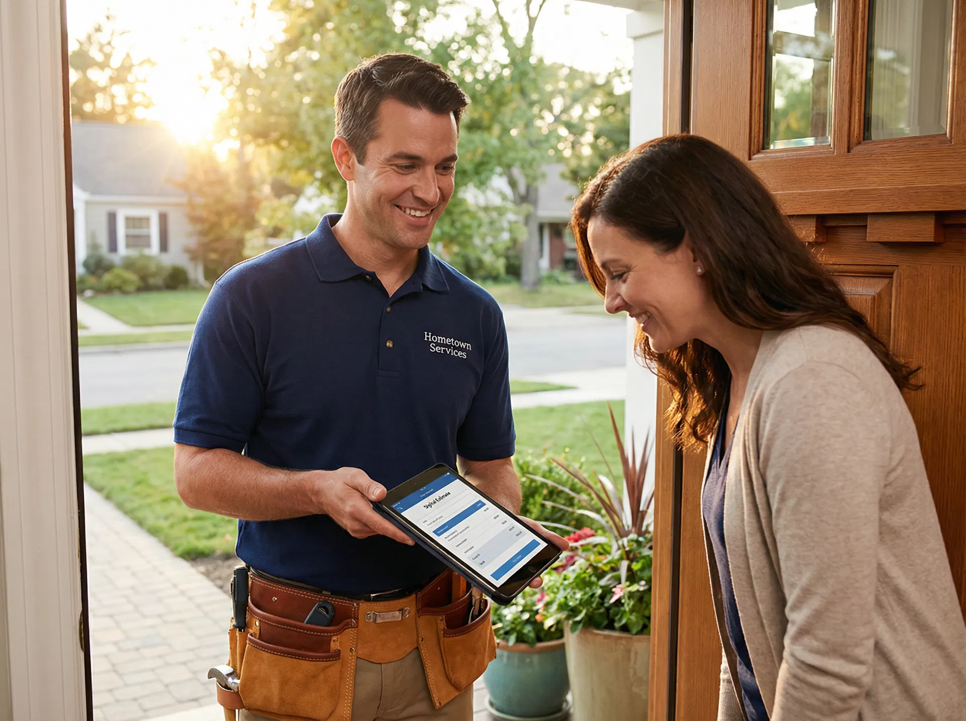Home service technician showing a digital estimate to a homeowner