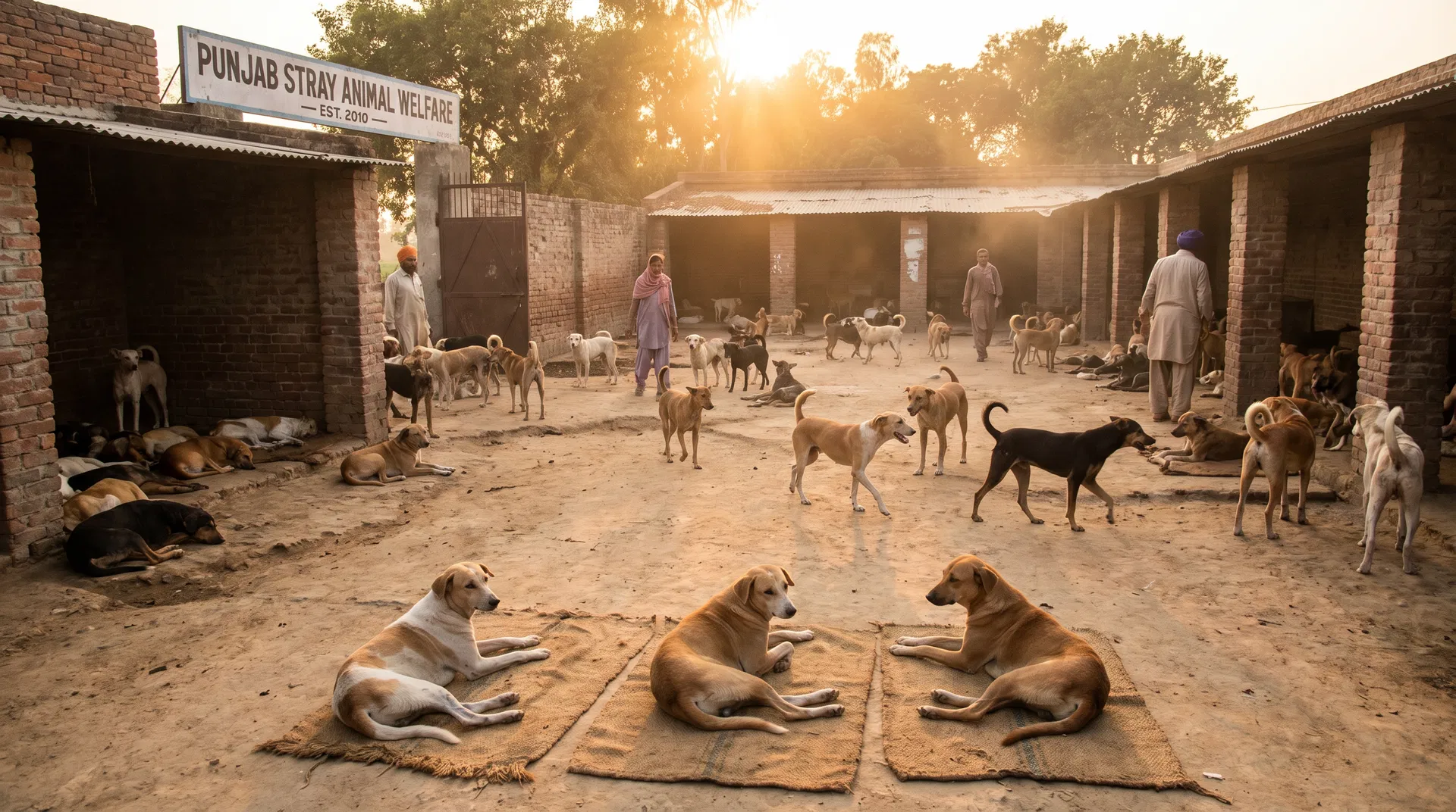 Dogs at the shelter at golden hour