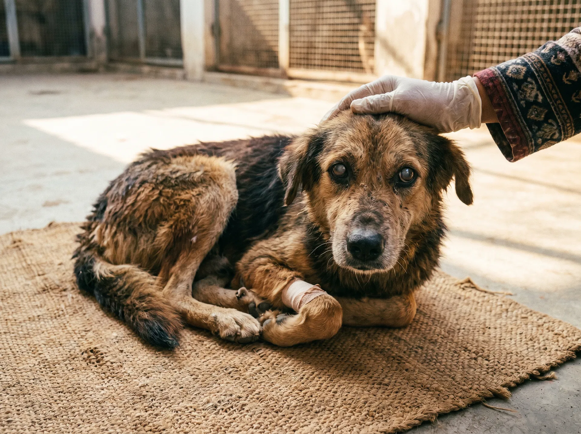 An injured dog receiving care at Furry Angels shelter