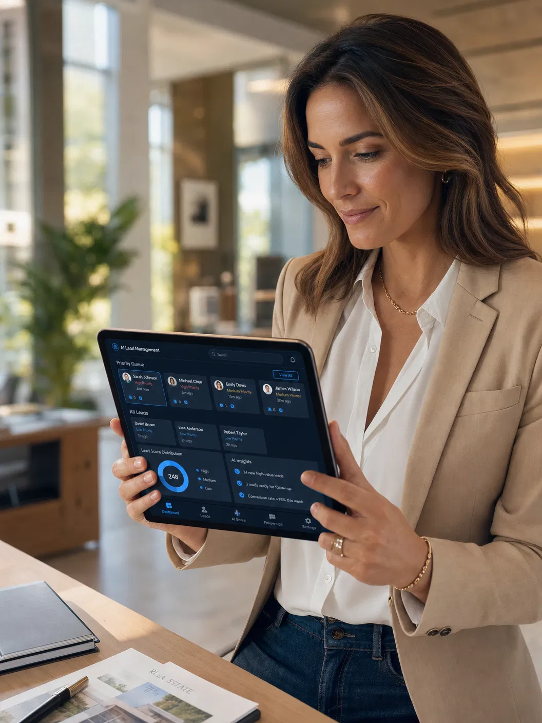 Real estate agent reviewing leads on a tablet