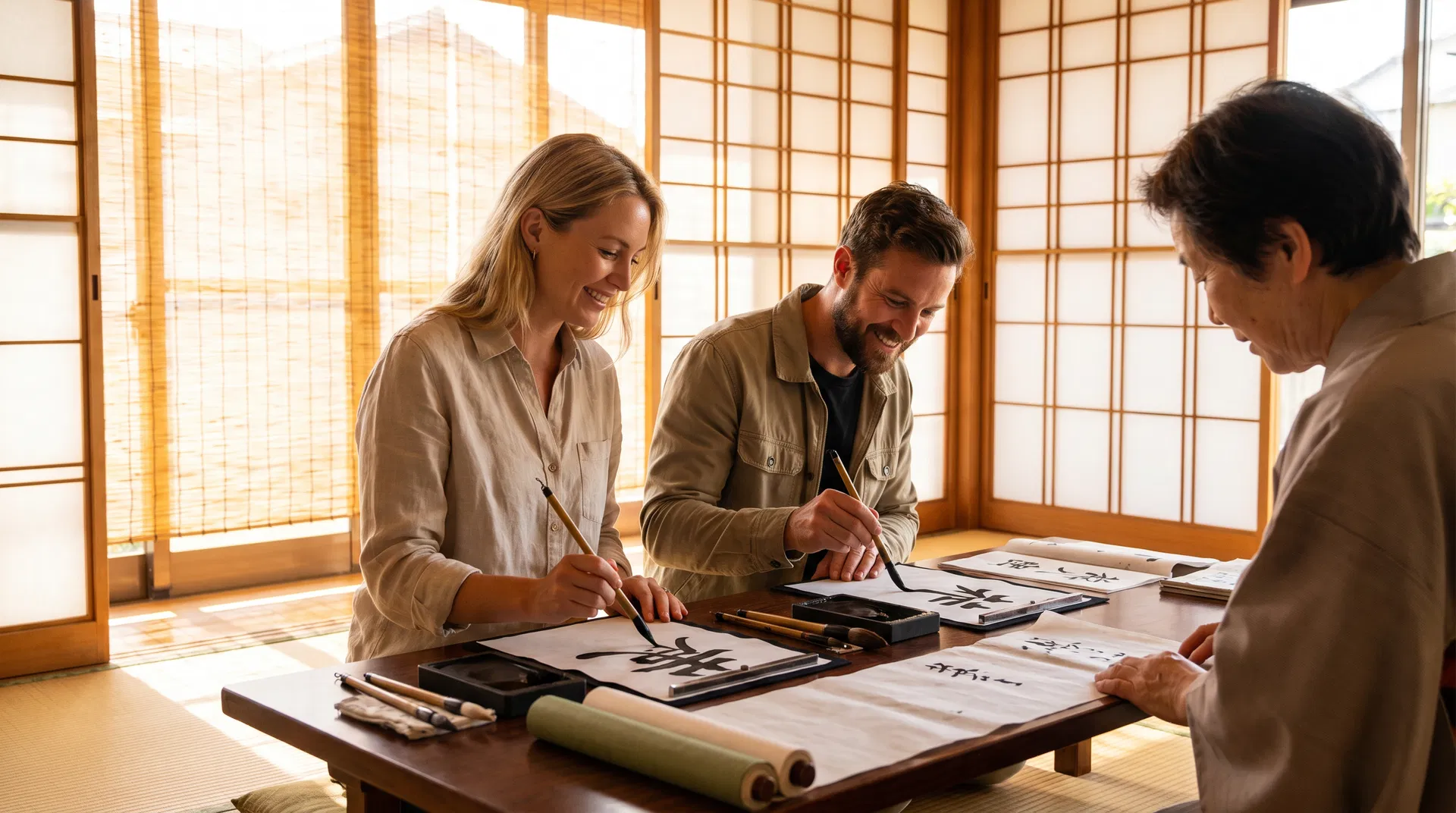 Travelers practicing Japanese calligraphy with a professional instructor in a tatami room