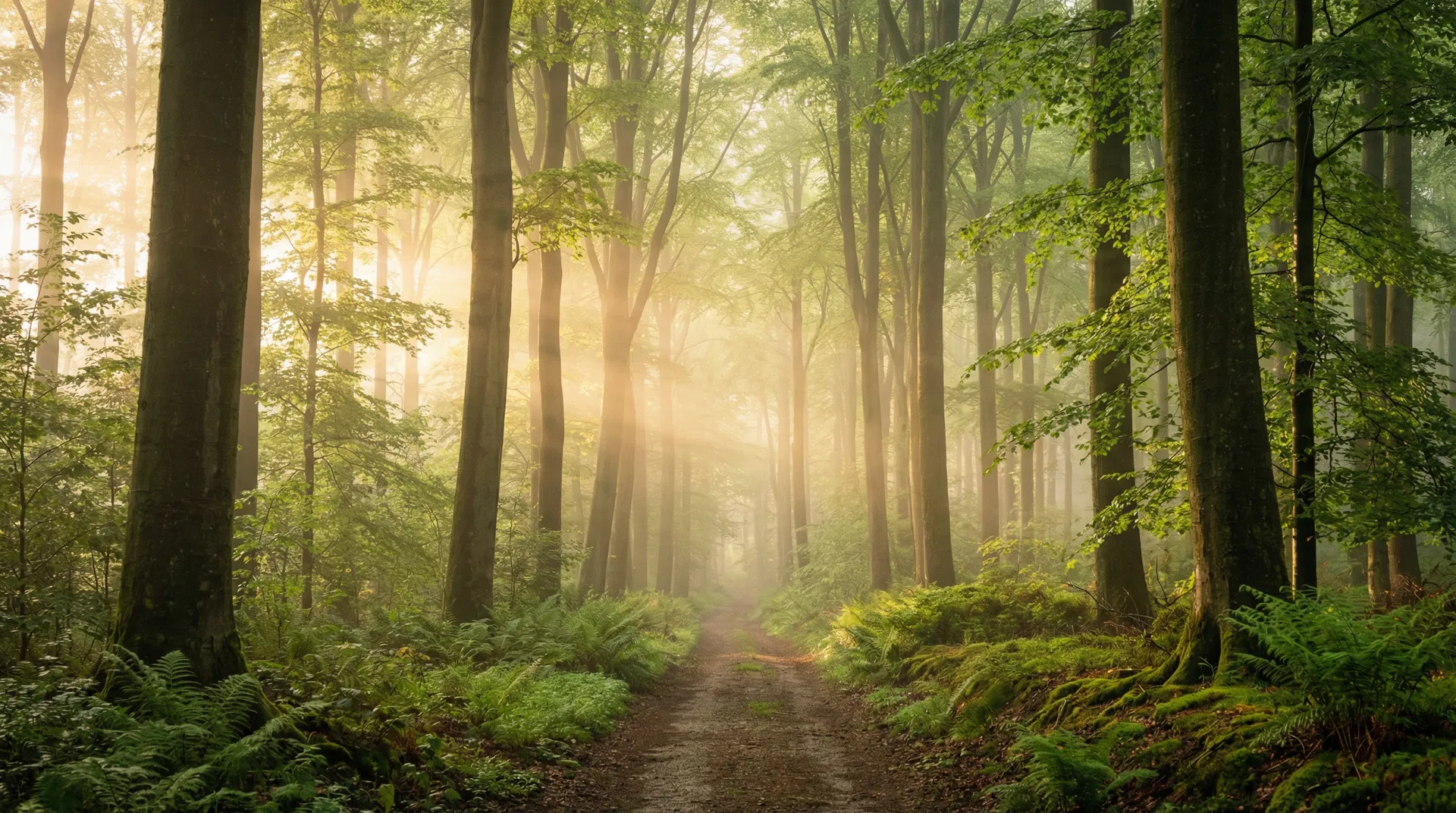 Nebliger Waldpfad im Morgenlicht – Shinrin-Yoku Waldbaden