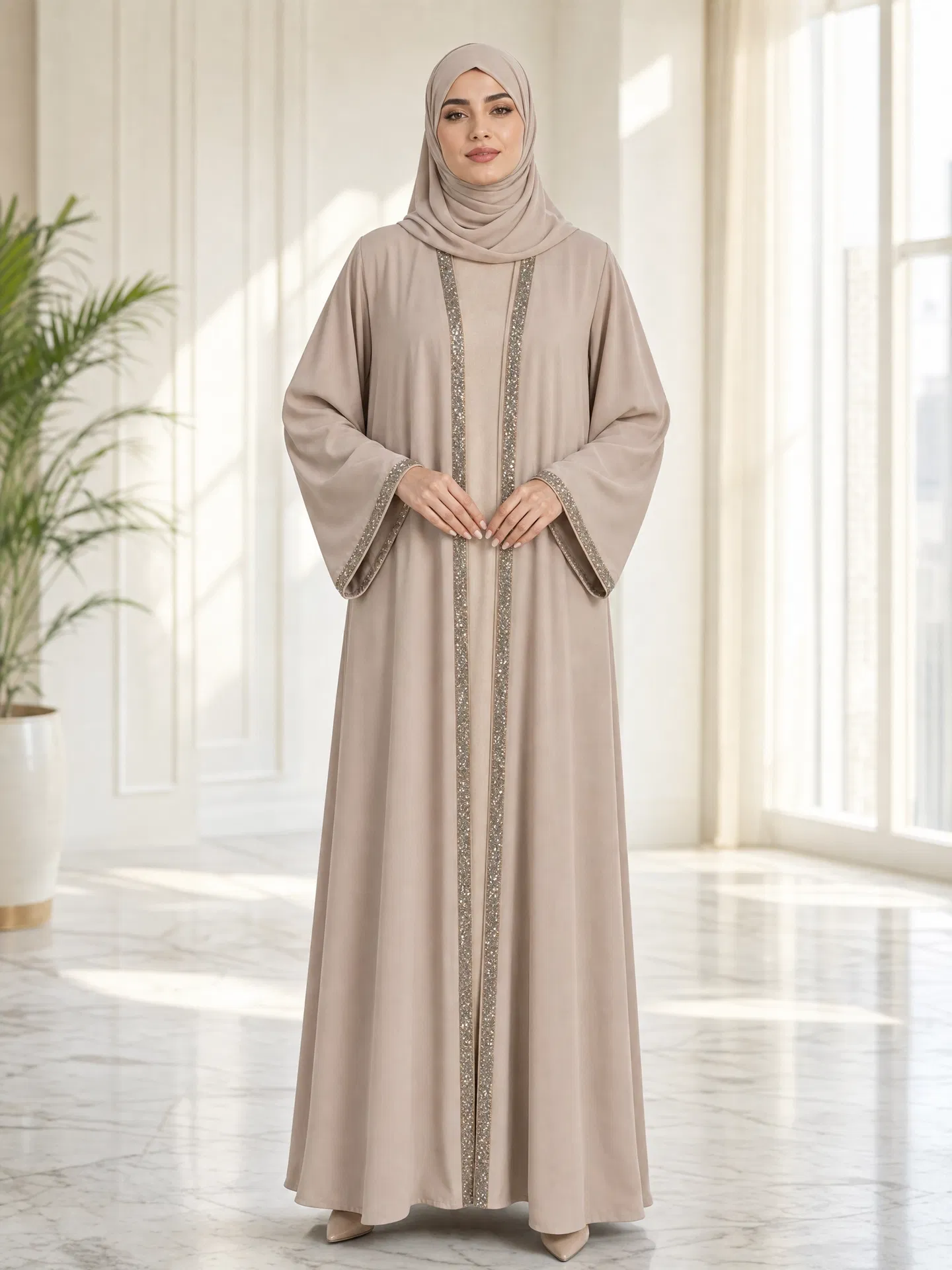 Beige Abaya with Glitter Trim — عباية بيج مع تطريز براق