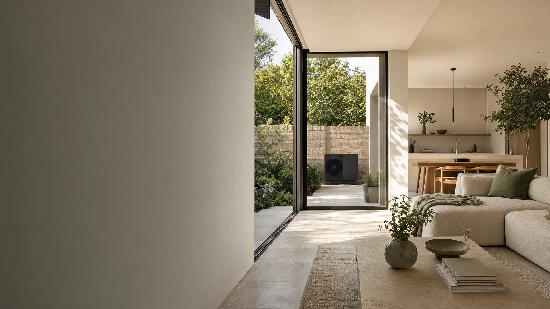 Calm modern living space with air source heat pump outside