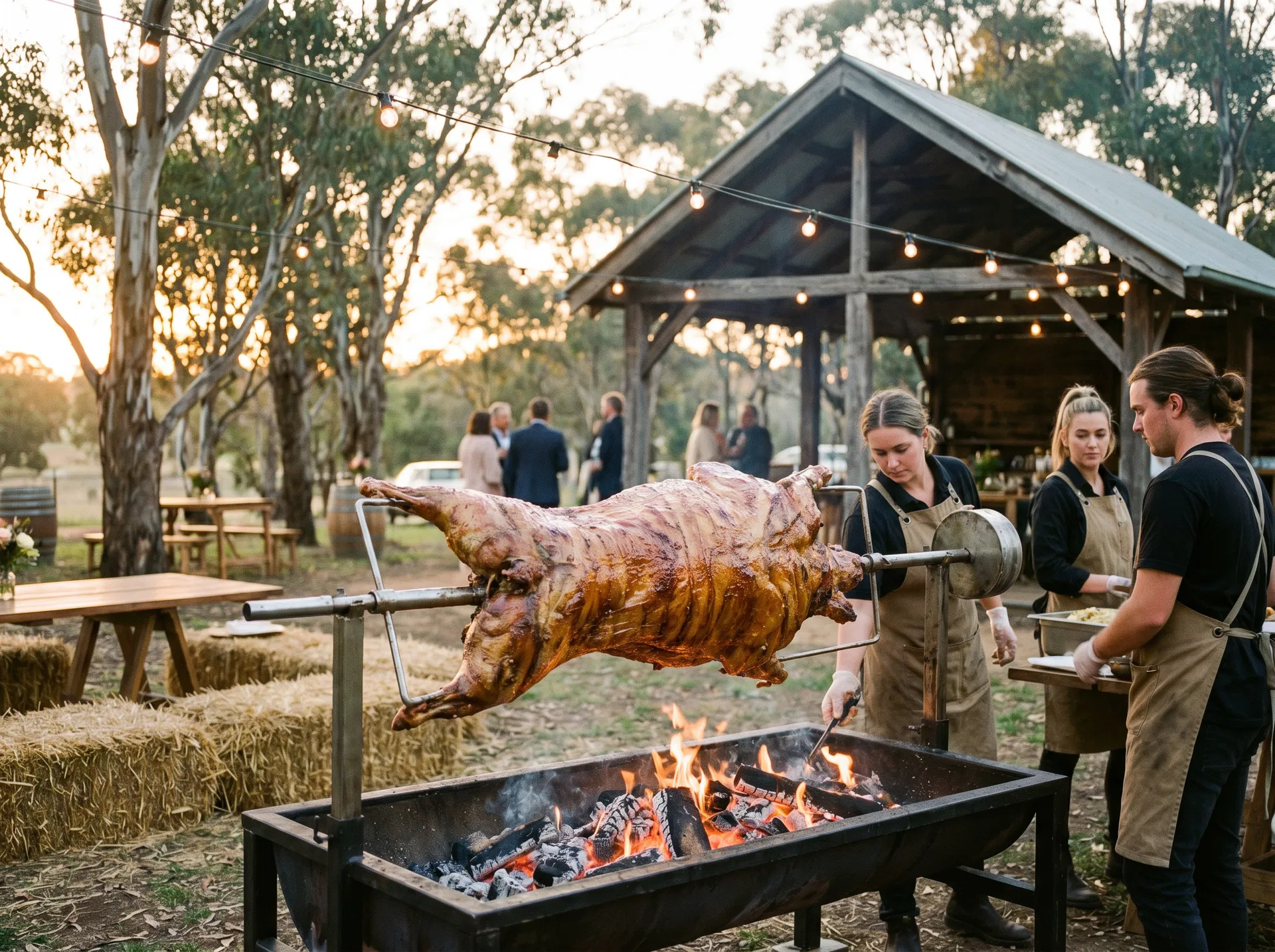 Whole lamb spit roast at an outdoor Australian event