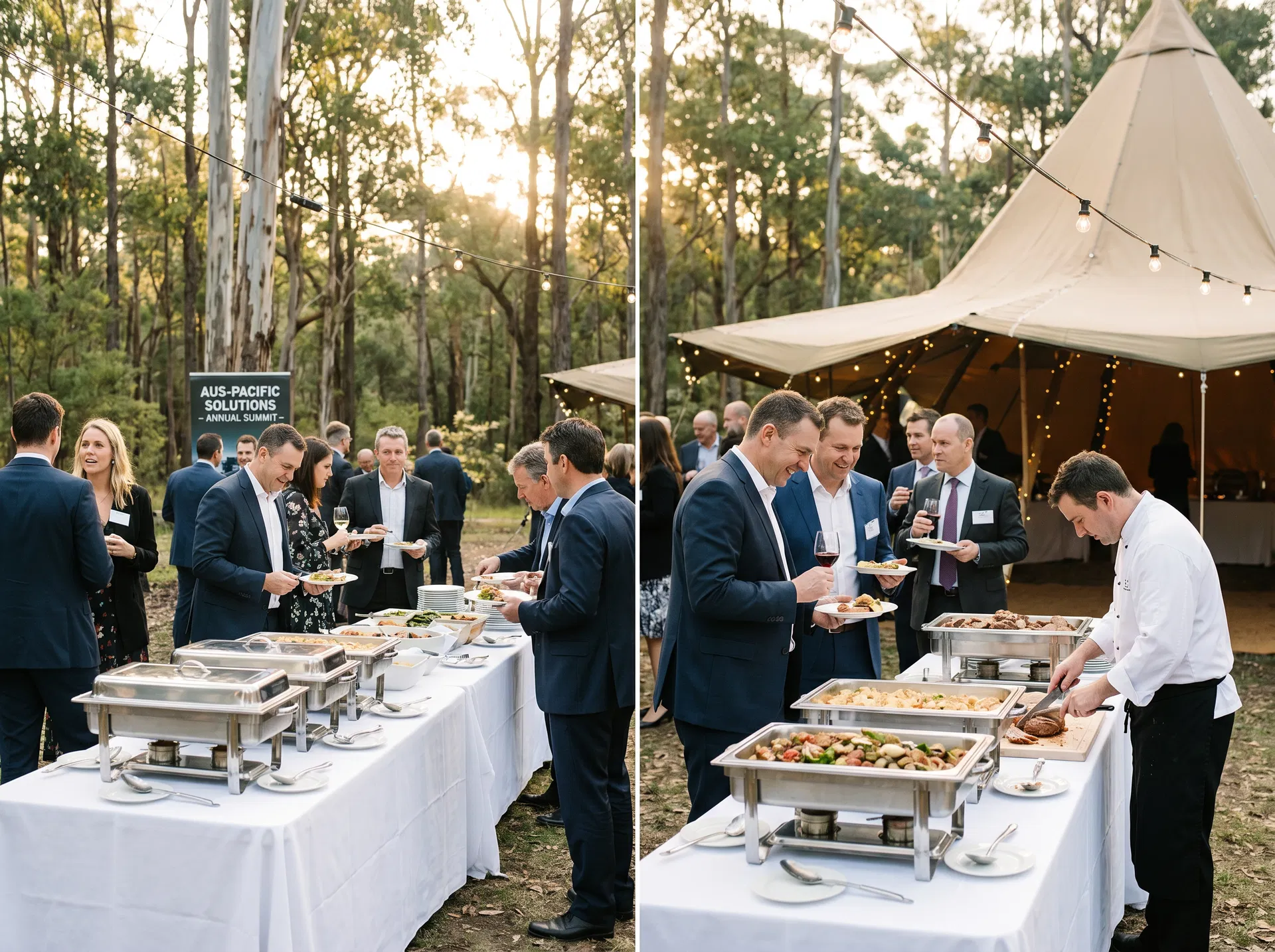 Professional corporate catering setup at an outdoor business event