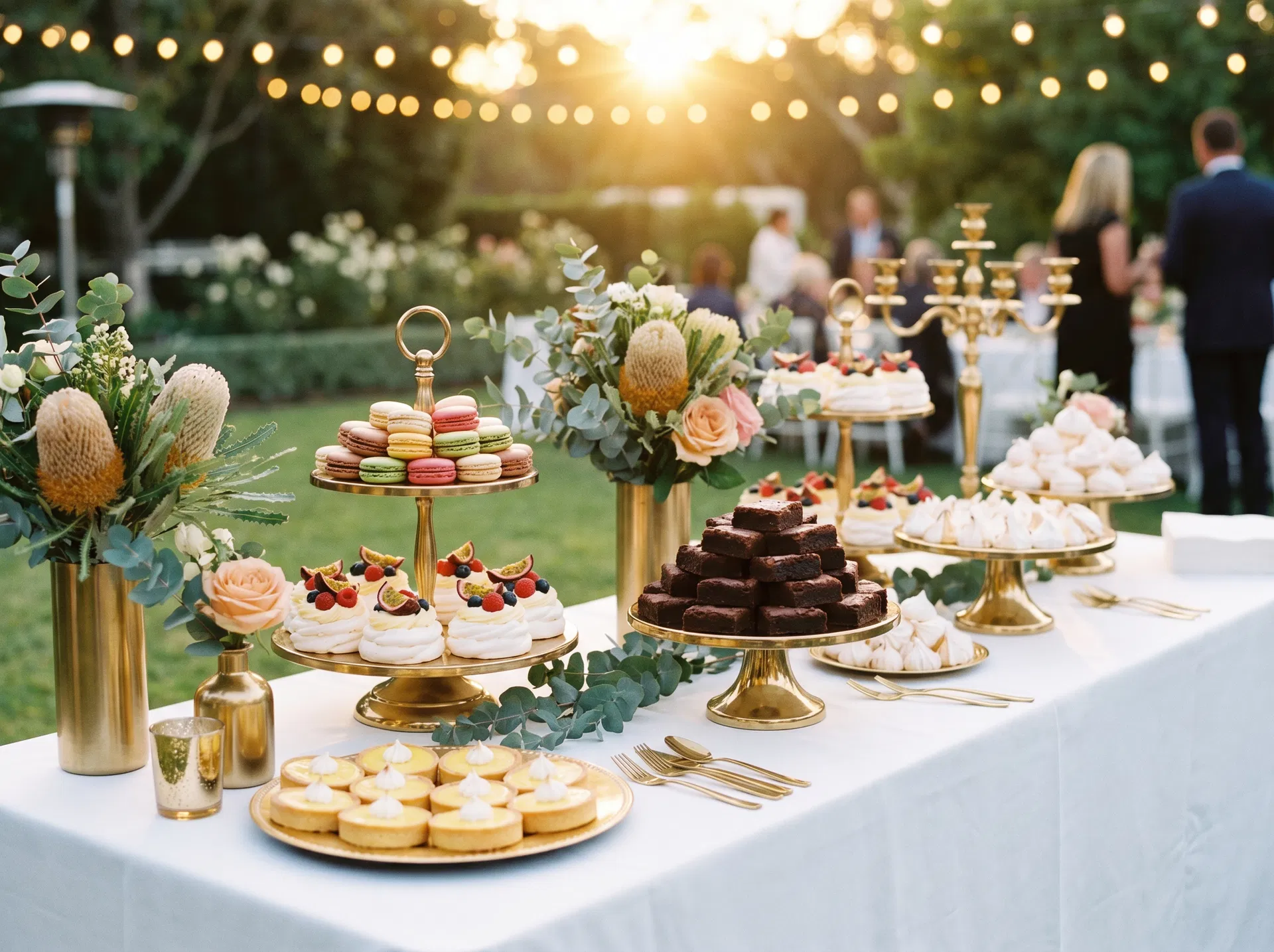 Stunning dessert table with macarons, pavlovas and brownies