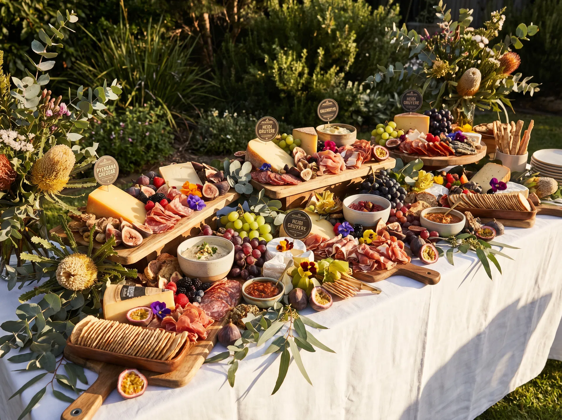 Lavish grazing table with artisan cheeses and cured meats
