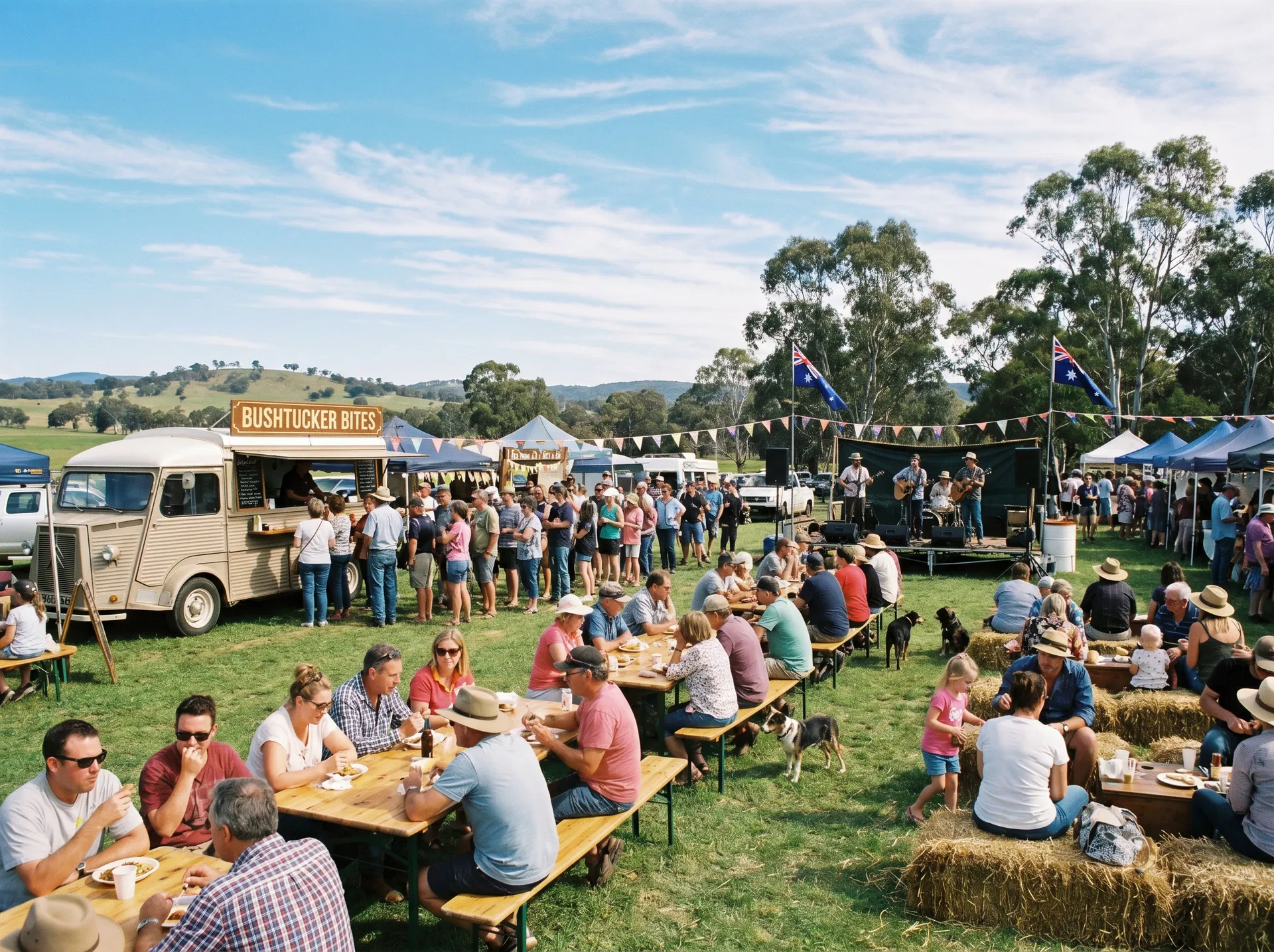 Lively outdoor community event with catering truck and crowd
