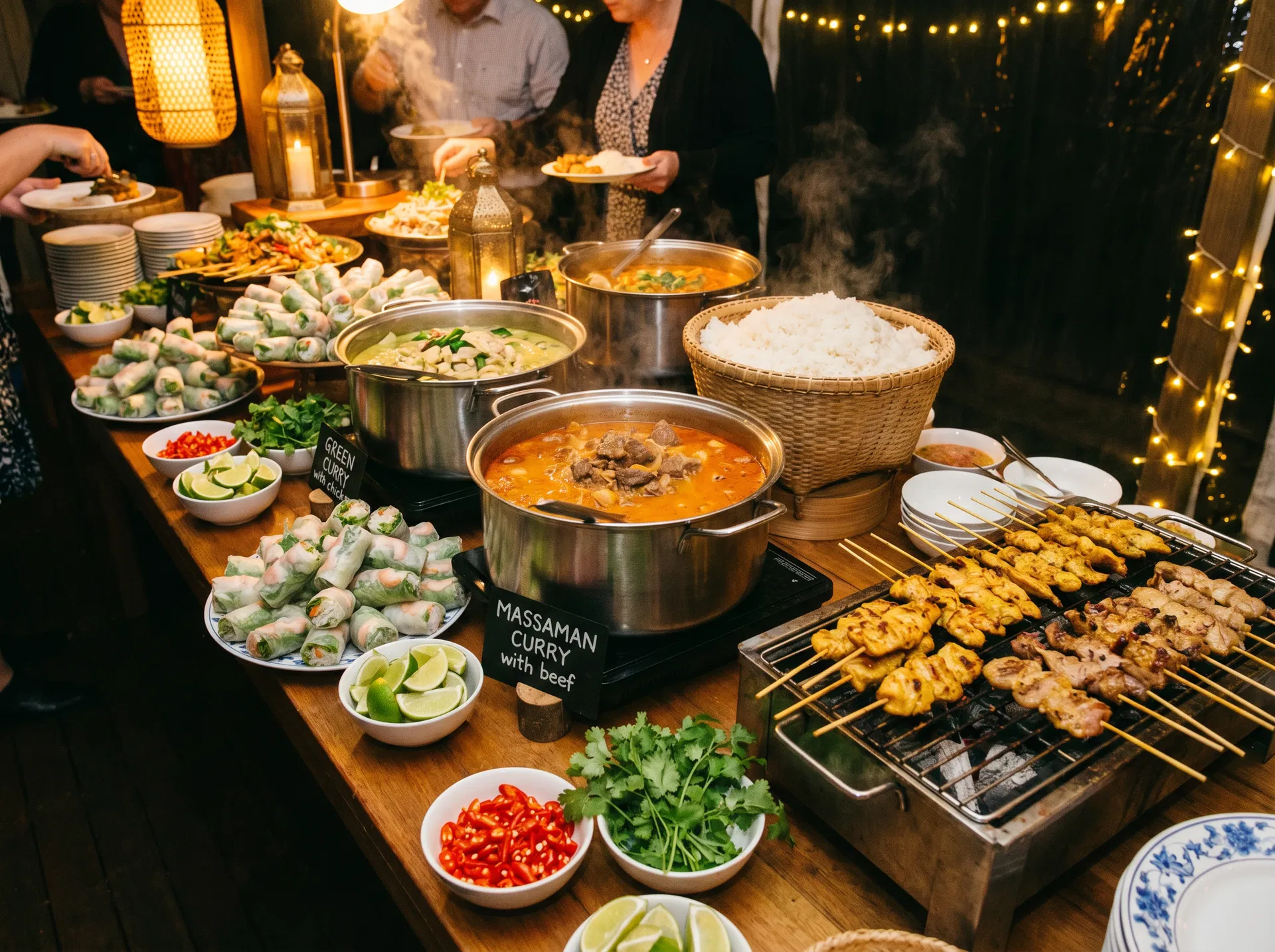 Thai dinner buffet spread with curries and spring rolls