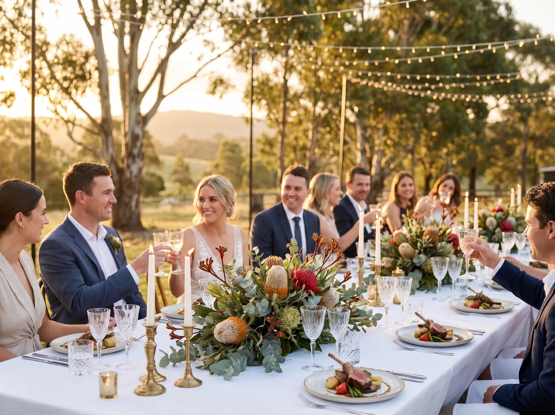 Elegant outdoor wedding reception dinner table at golden hour