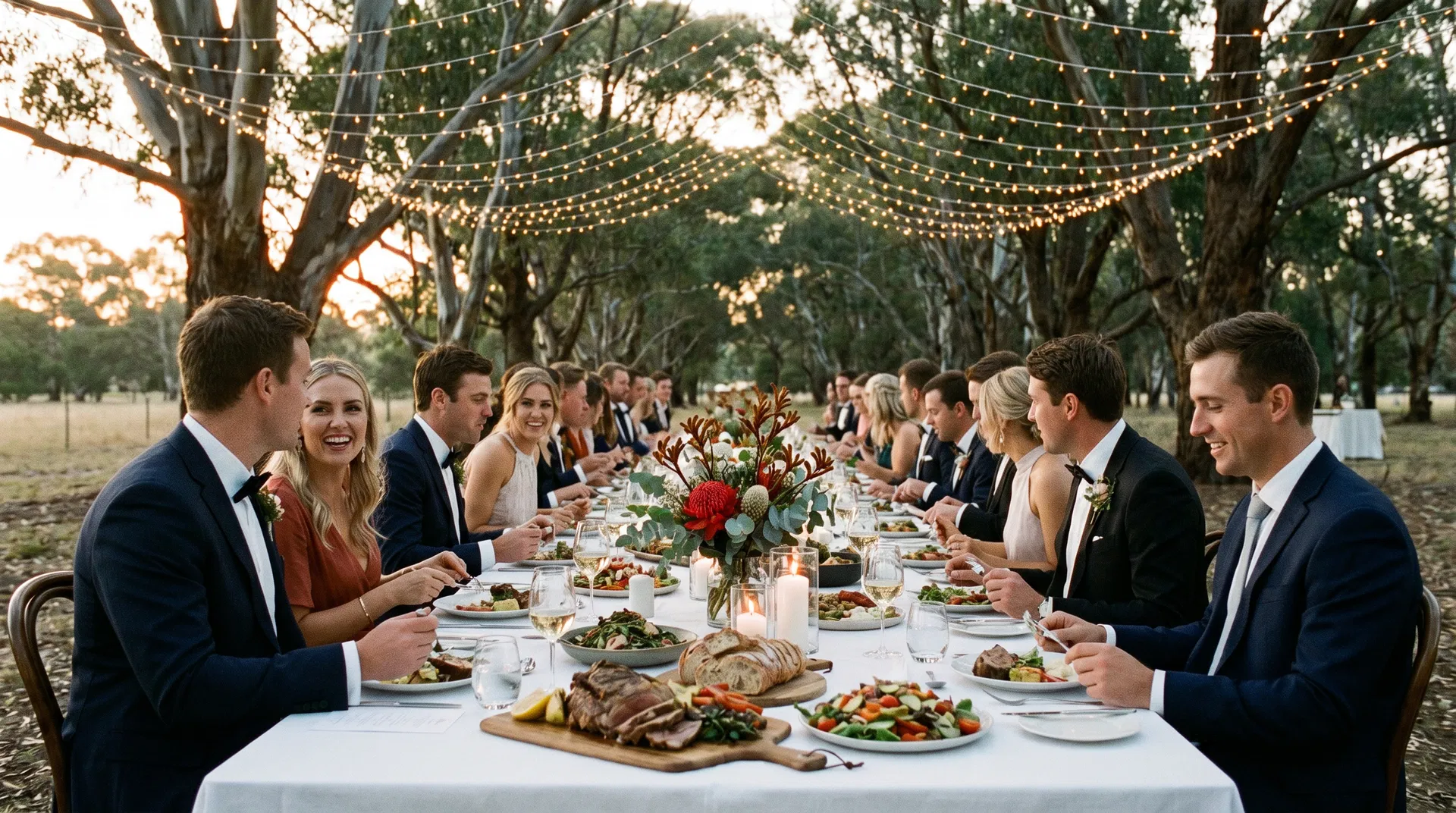 Outdoor wedding reception dinner under fairy lights in the Wimmera Mallee