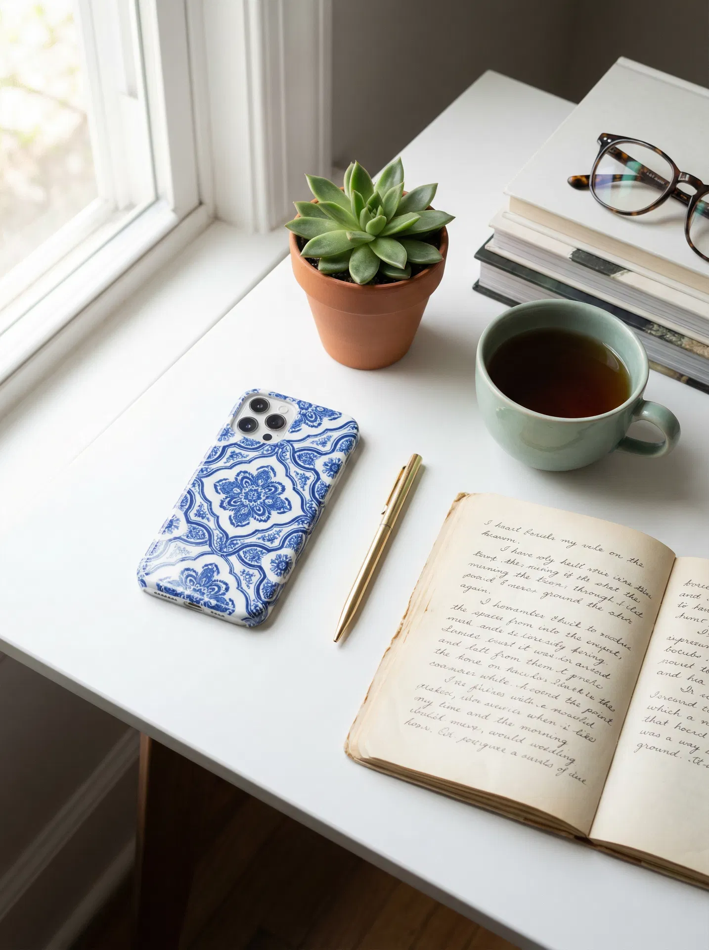 My desk aesthetic is complete. Blue & White Porcelain case + celadon tea cup = the most cohesive setup I've ever had. #WearableEasternArt