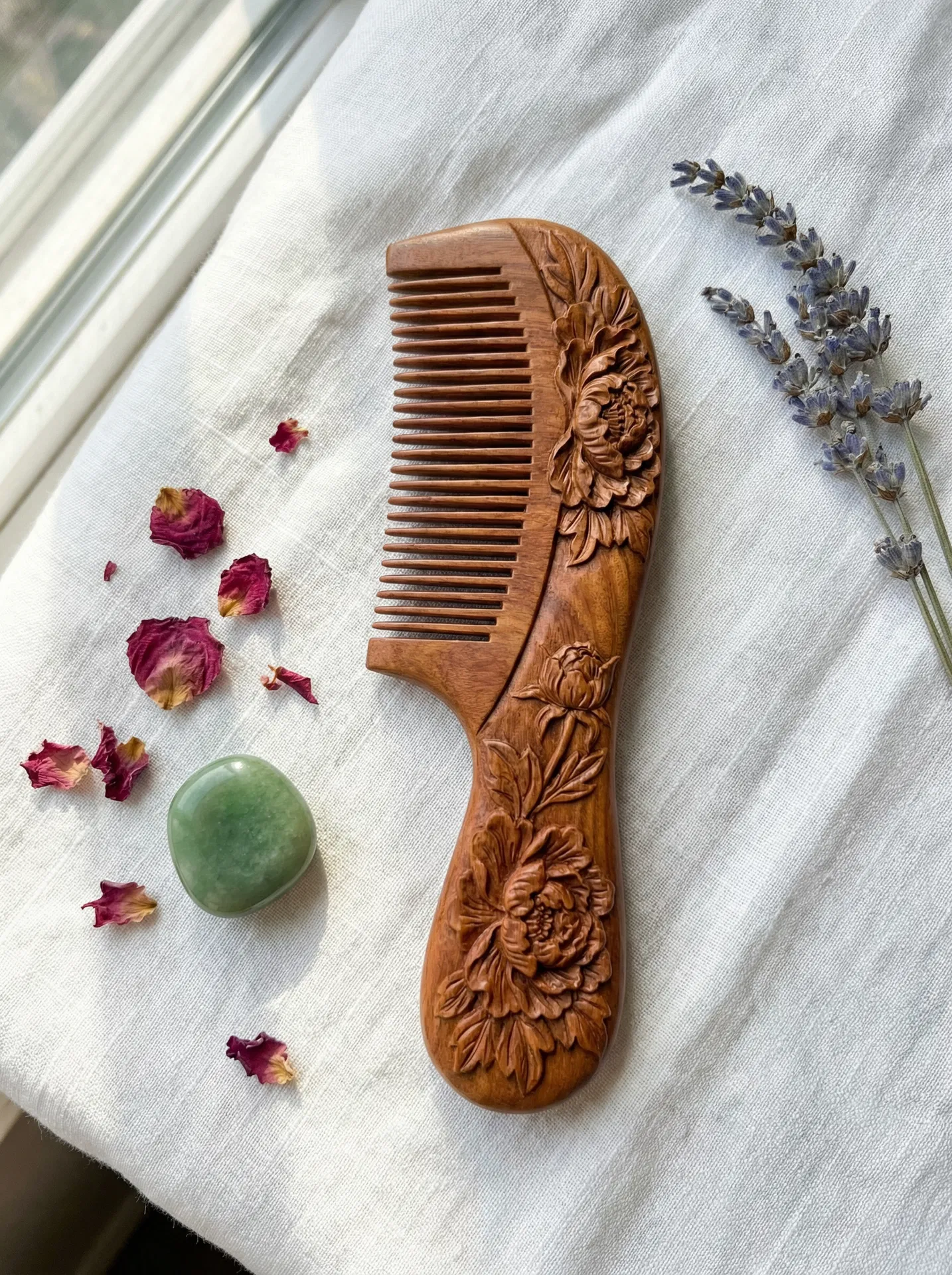The Peony Carved Wooden Comb is my morning ritual now. The wood grain + hand-carved peonies make getting ready feel like a ceremony 🌸