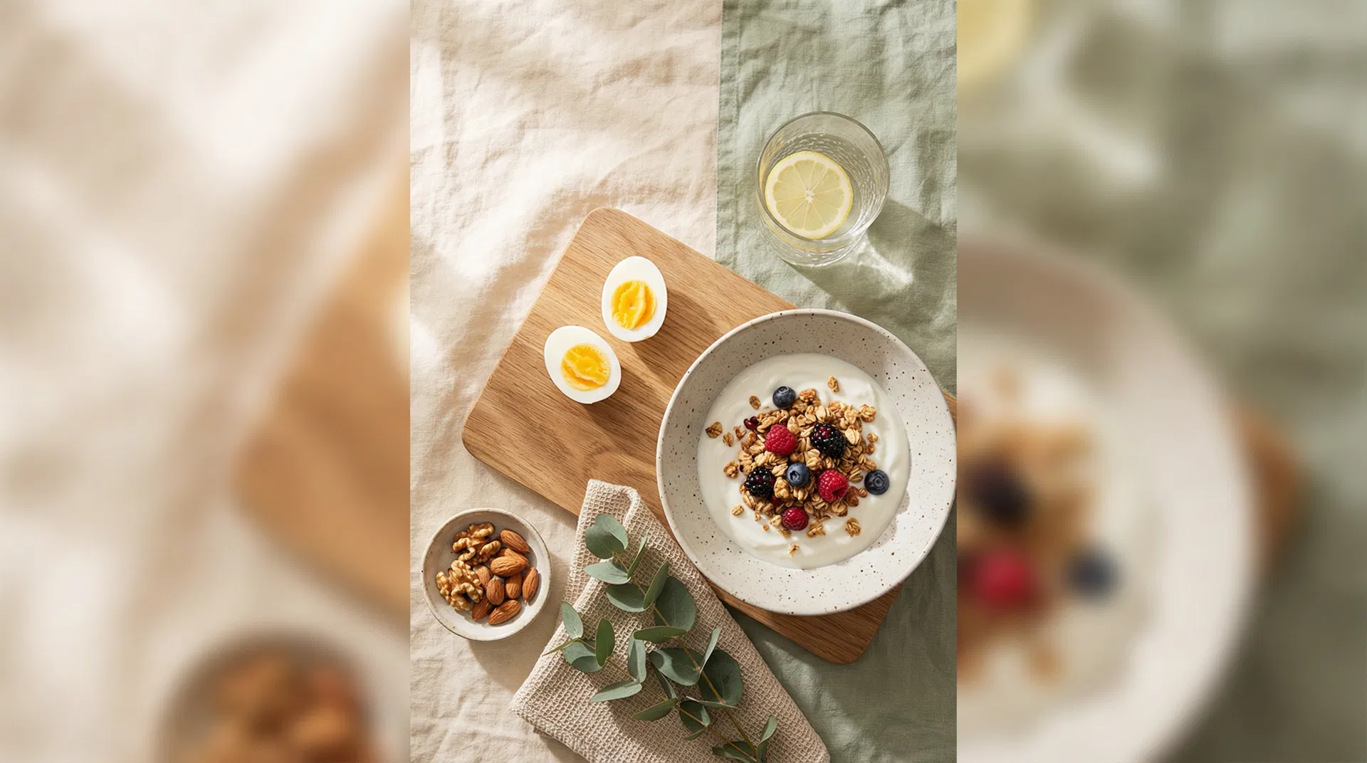 Healthy breakfast spread with eggs, yoghurt, nuts and berries