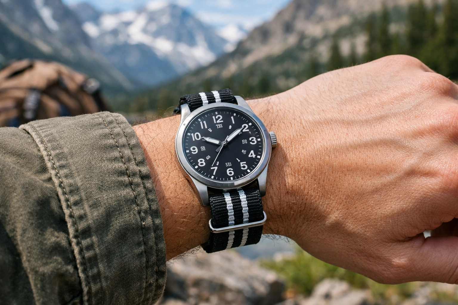 Relógio com pulseira NATO em ambiente outdoor