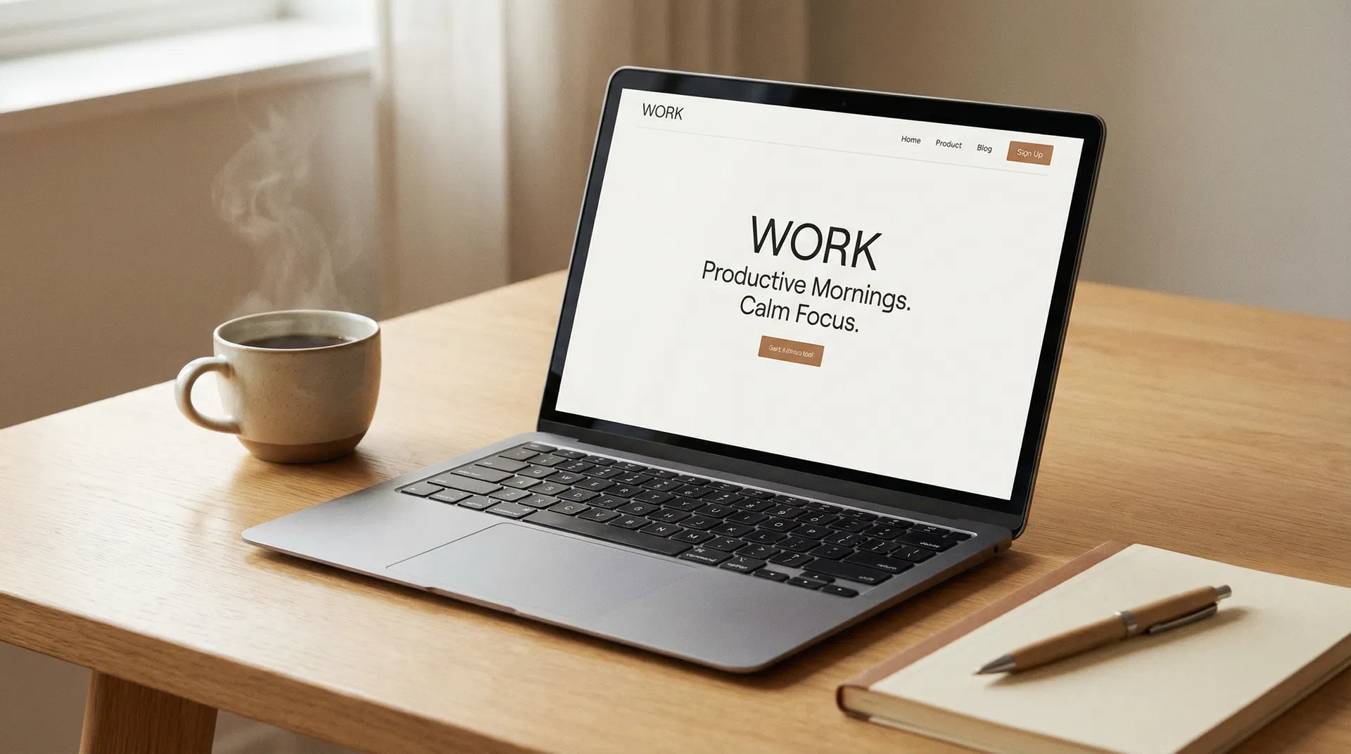 Laptop with a clean website on screen and a coffee cup beside it