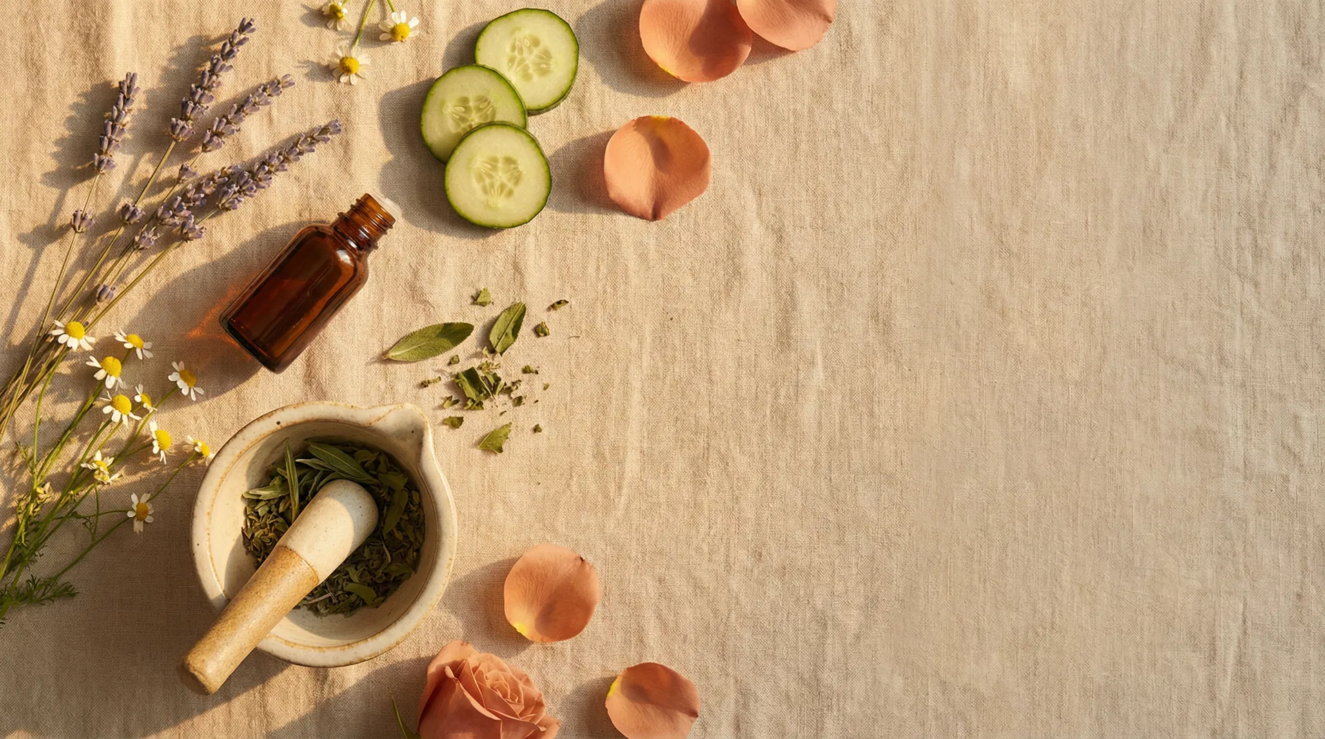 Botanical skincare ingredients on linen