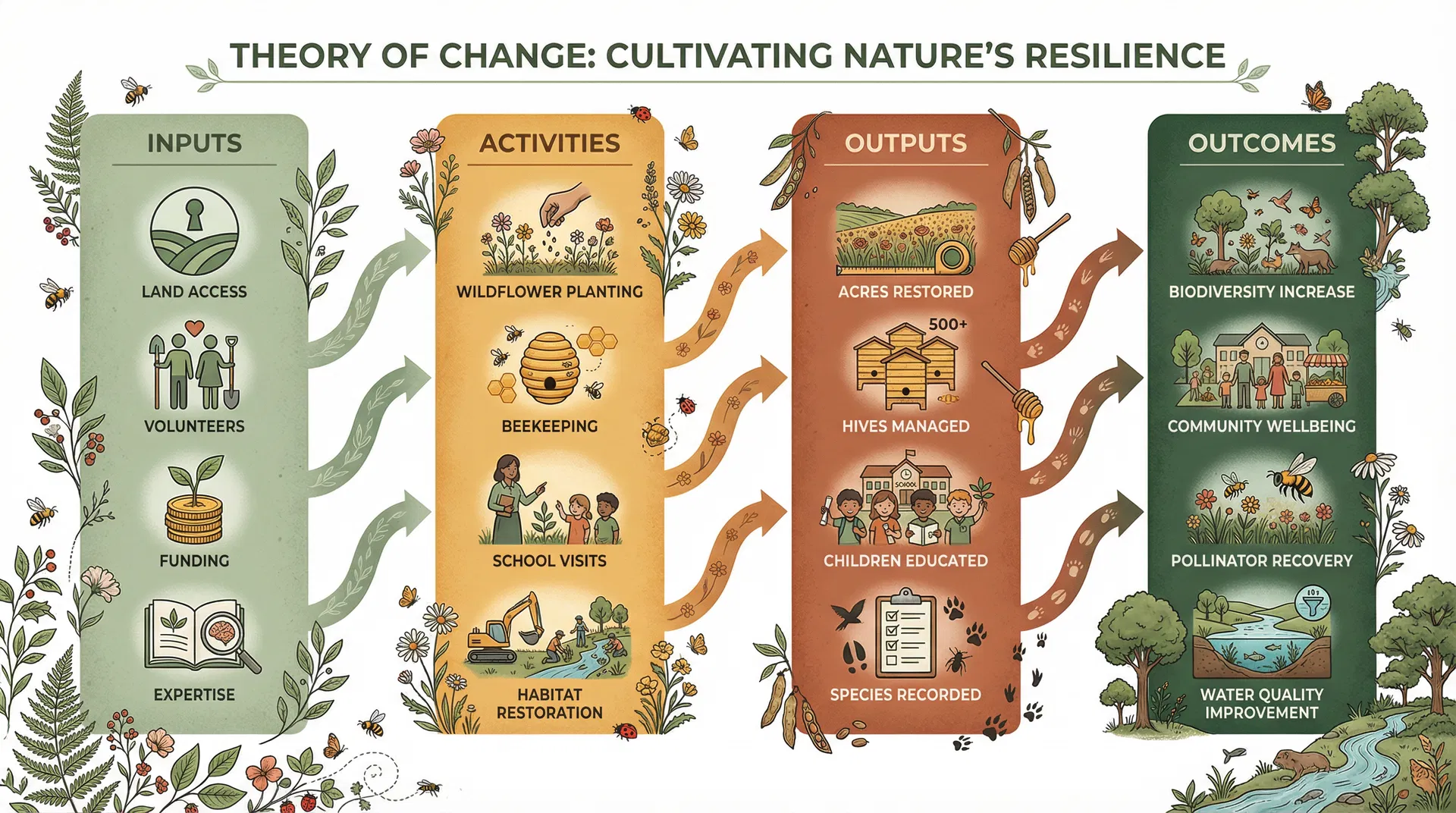 Theory of Change infographic showing Inputs, Activities, Outputs, and Outcomes for Rewild and Bloom CIC