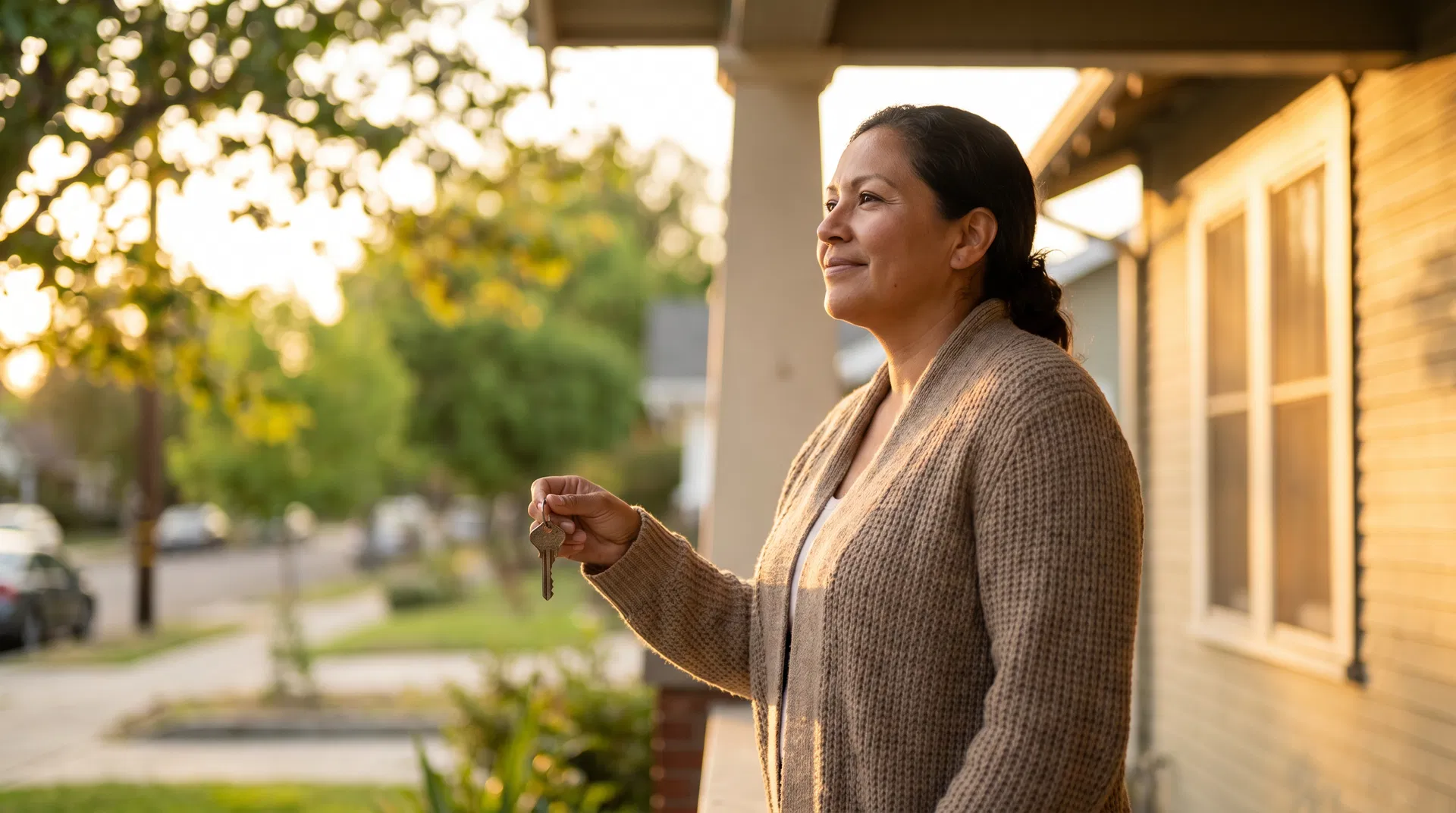 Woman holding house keys at her new home