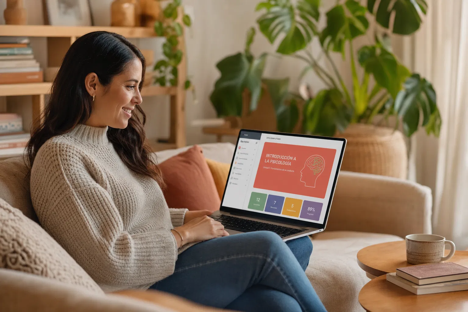Mamá tomando cursos de homeschool en línea