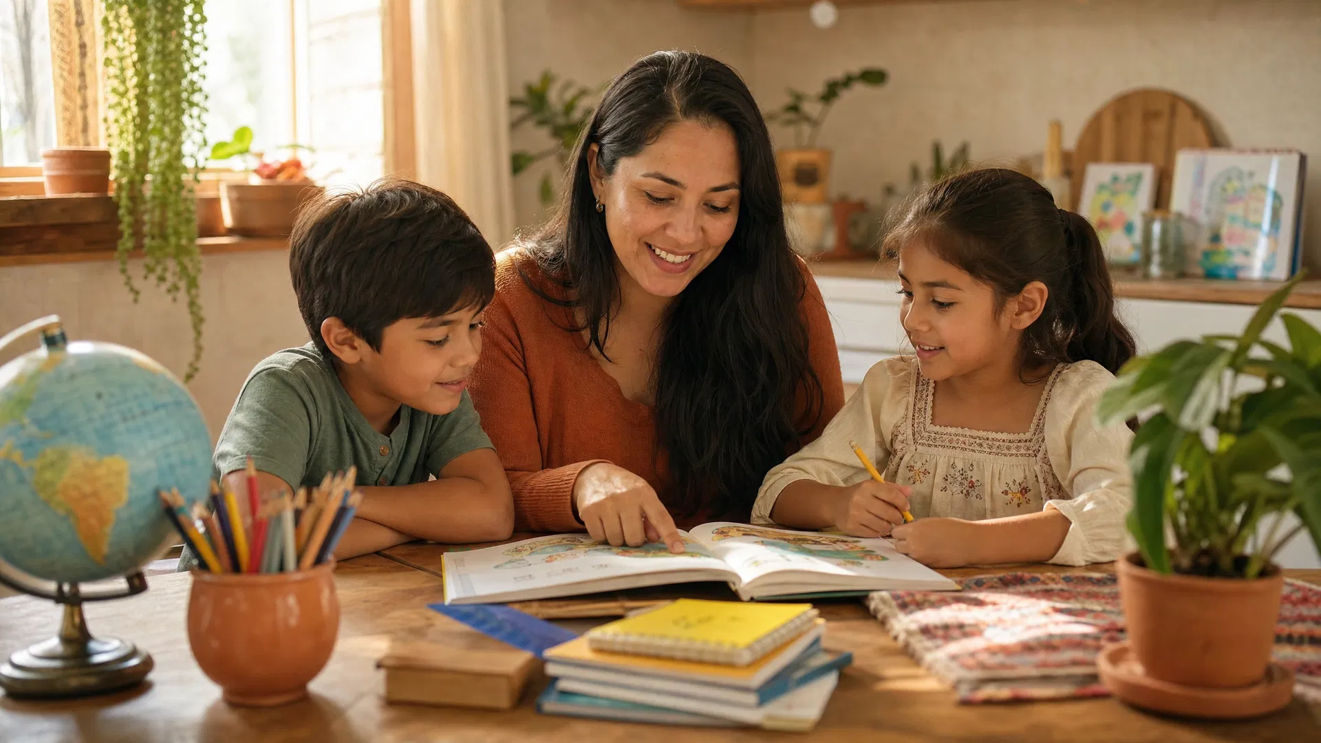 Mamá haciendo homeschool con sus hijos