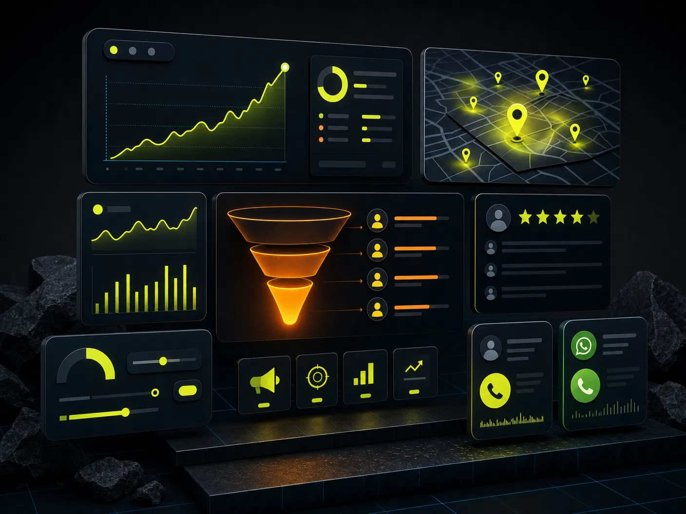 Painel de performance com gráficos, funil, leads e presença local