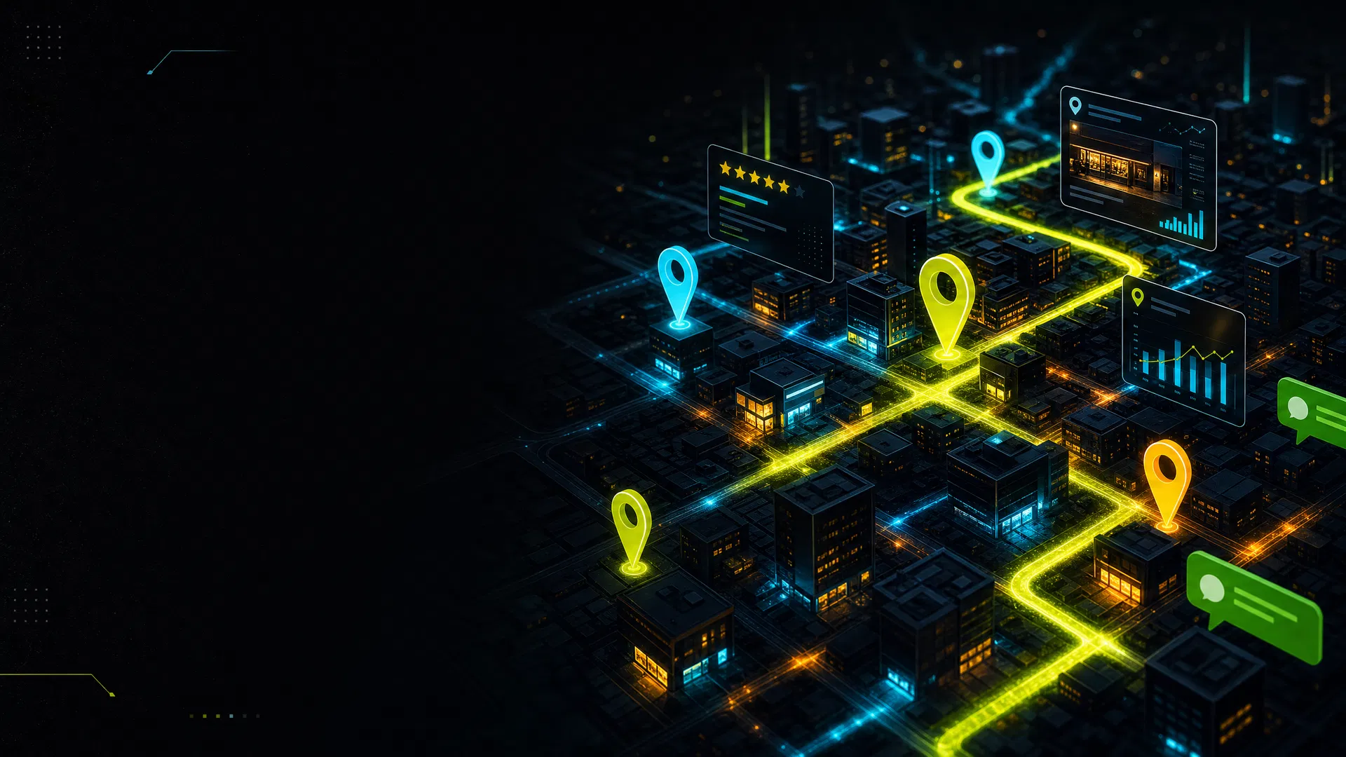 Mapa digital noturno com pinos de localização e painéis de performance local